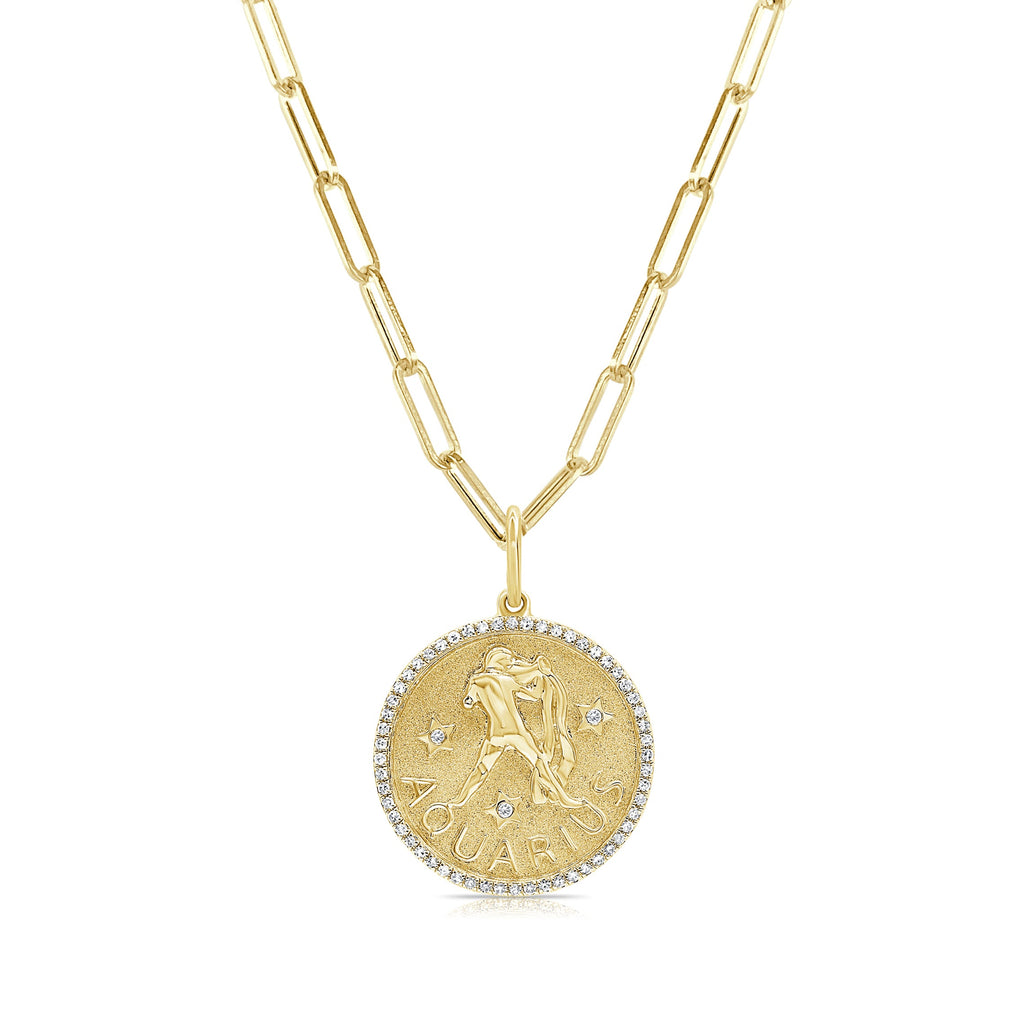 14K Gold Diamond Aquarius Zodiac Charm Necklace - Yellow
