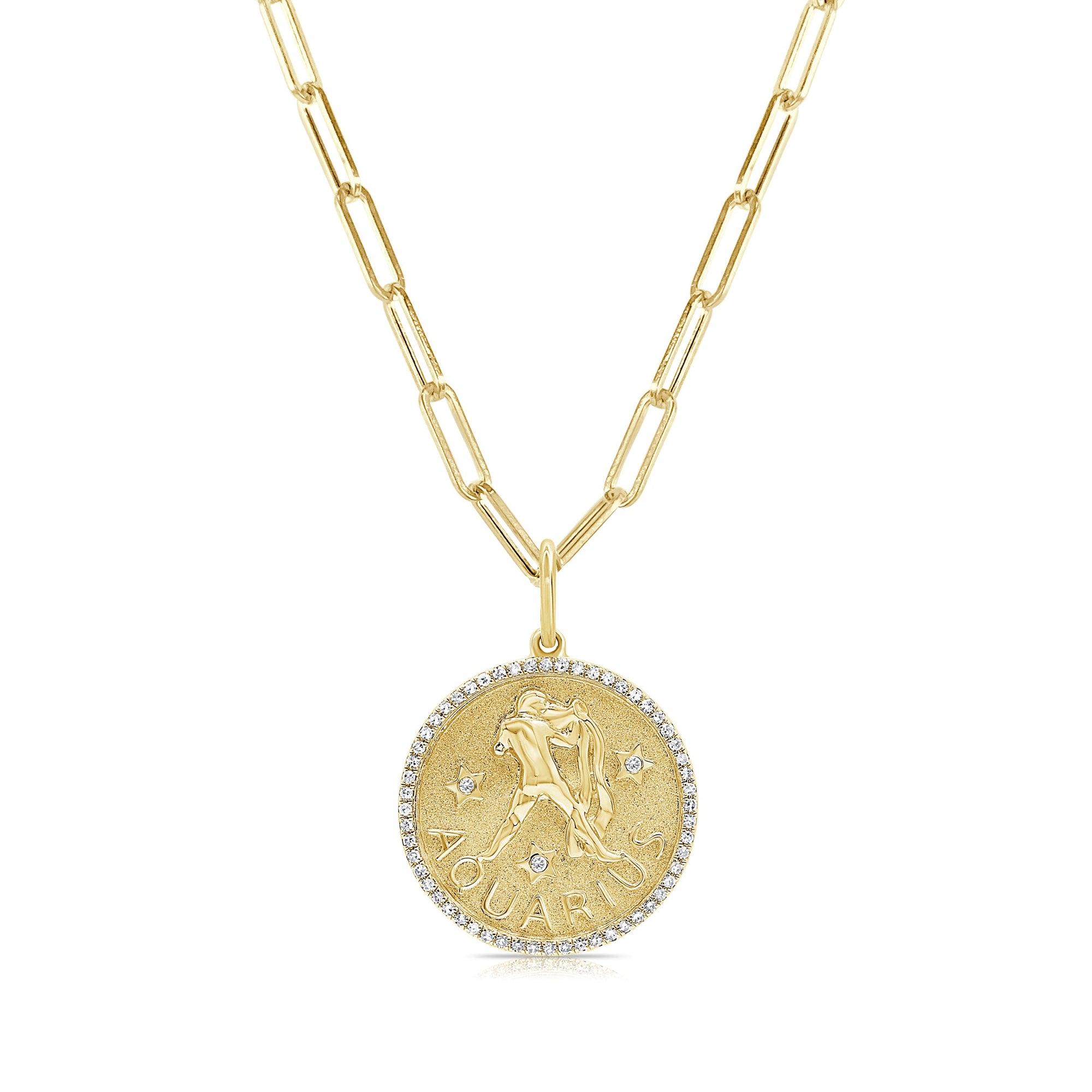 14K Gold Diamond Aquarius Zodiac Charm Necklace - Yellow