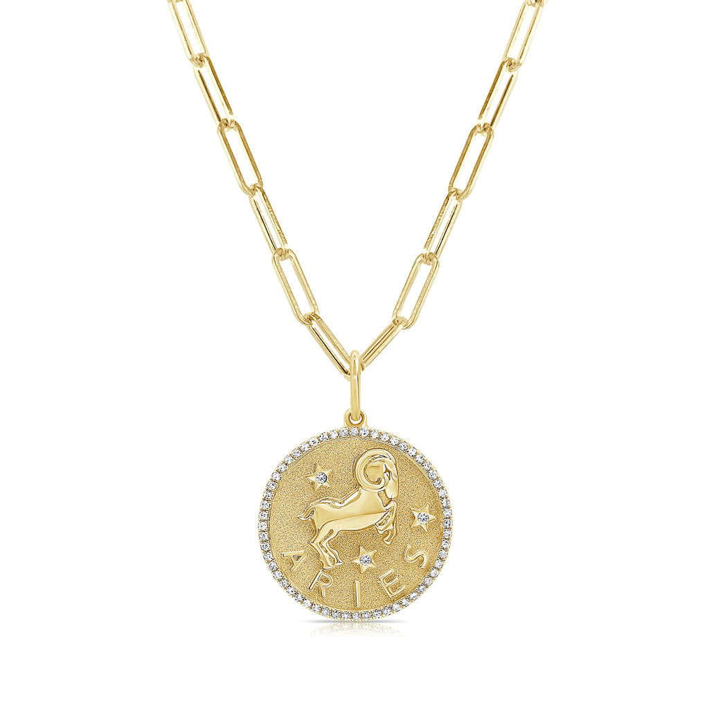 14K Gold Diamond Aries Zodiac Charm Necklace - Yellow
