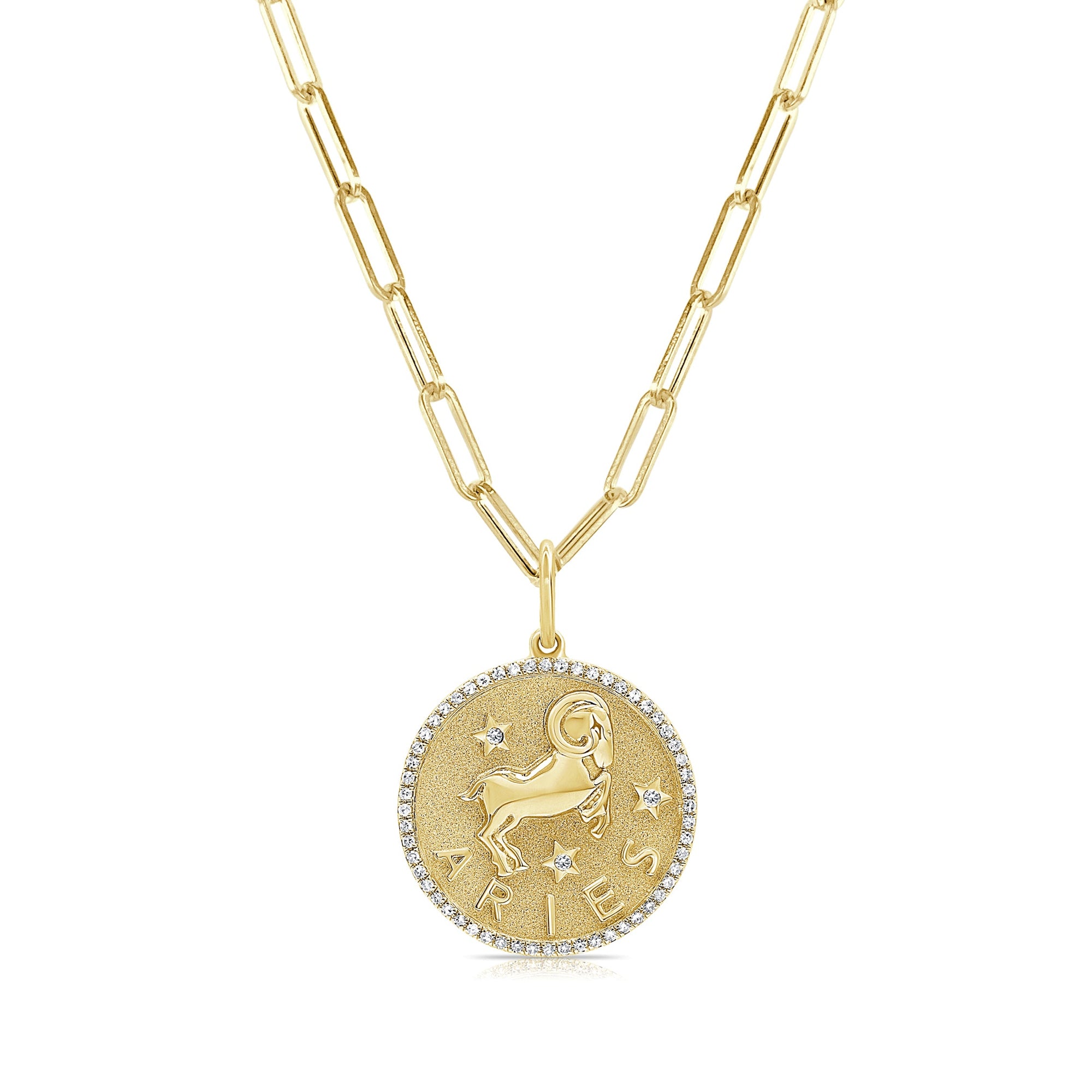 14K Gold Diamond Aries Zodiac Charm Necklace - Yellow