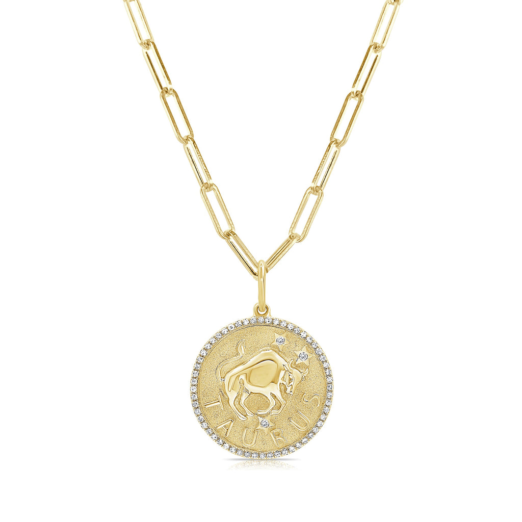 14K Gold Diamond Zodiac Taurus Charm Necklace - Yellow