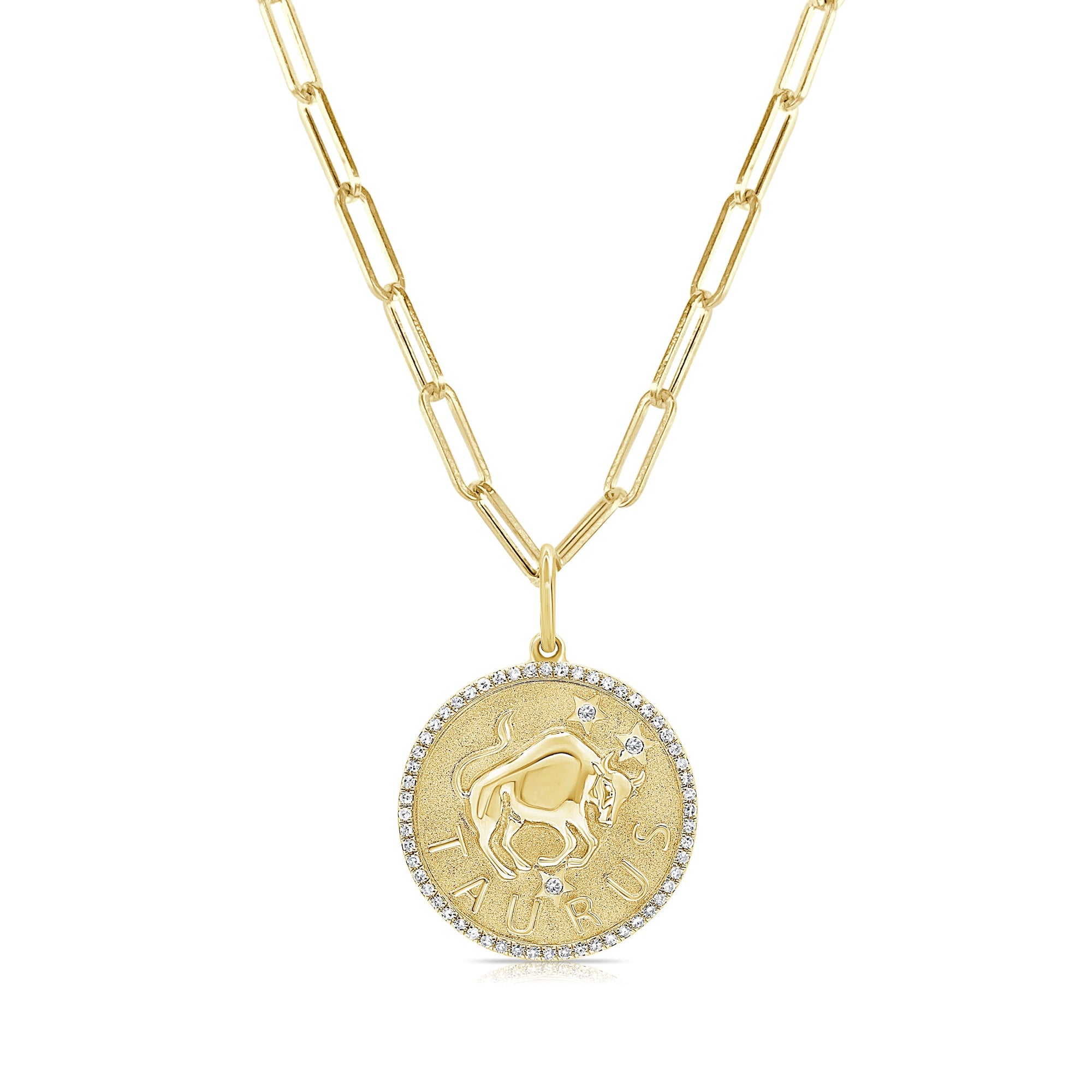 14K Gold Diamond Zodiac Taurus Charm Necklace - Yellow
