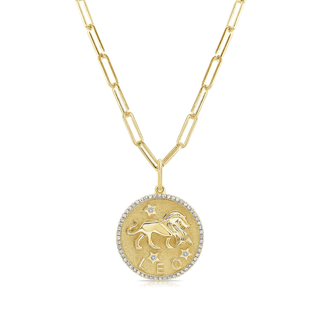 14K Gold Diamond Zodiac Leo Charm Necklace - Yellow