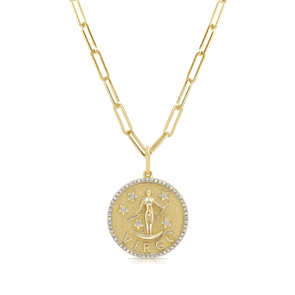 14K Gold Diamond Virgo Zodiac Charm Necklace - Yellow