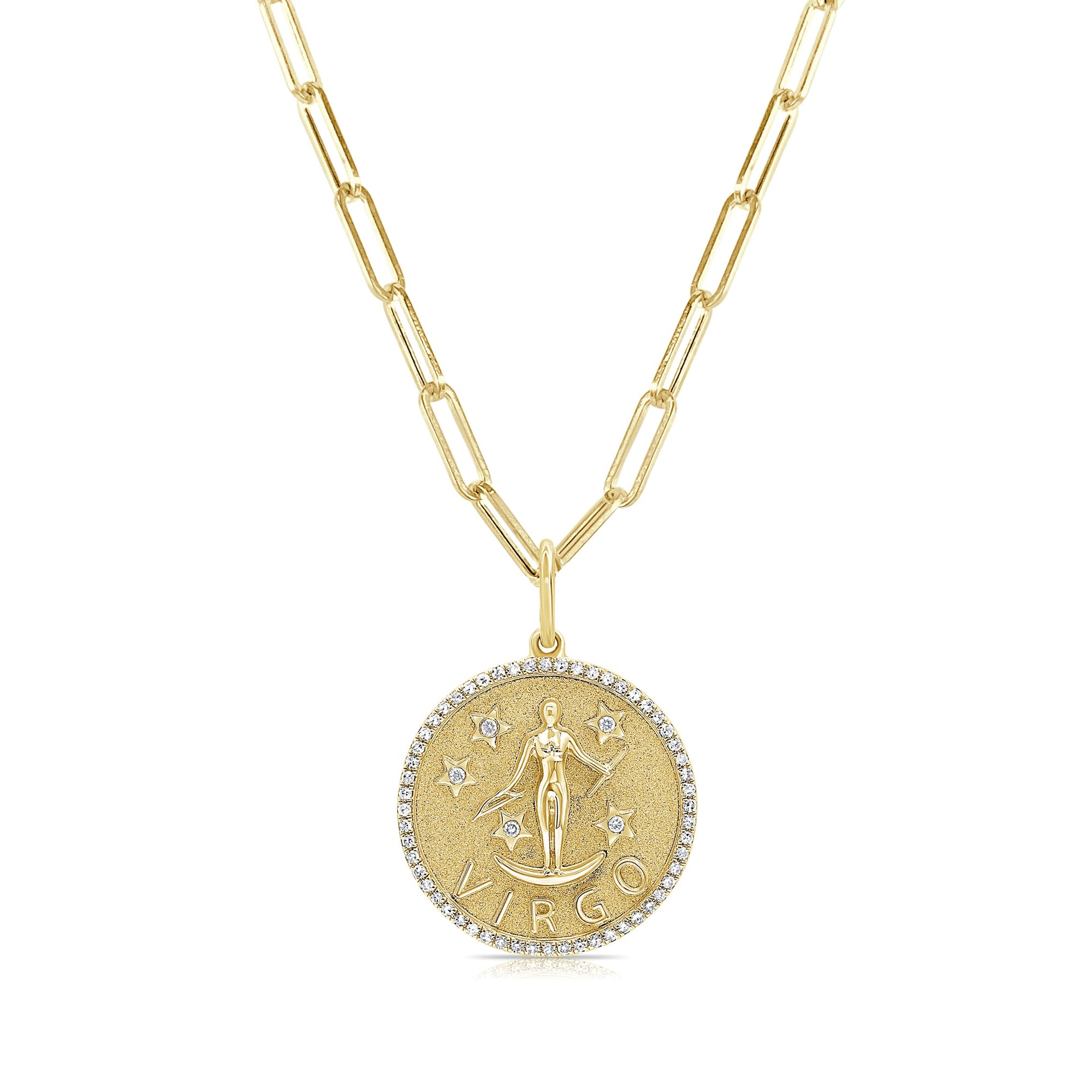 14K Gold Diamond Virgo Zodiac Charm Necklace - Yellow