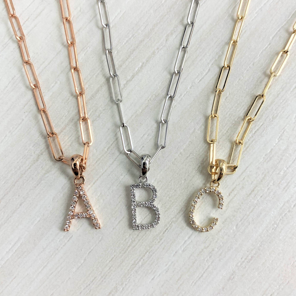 14K Gold Diamond Initial Paperclip Link Necklace