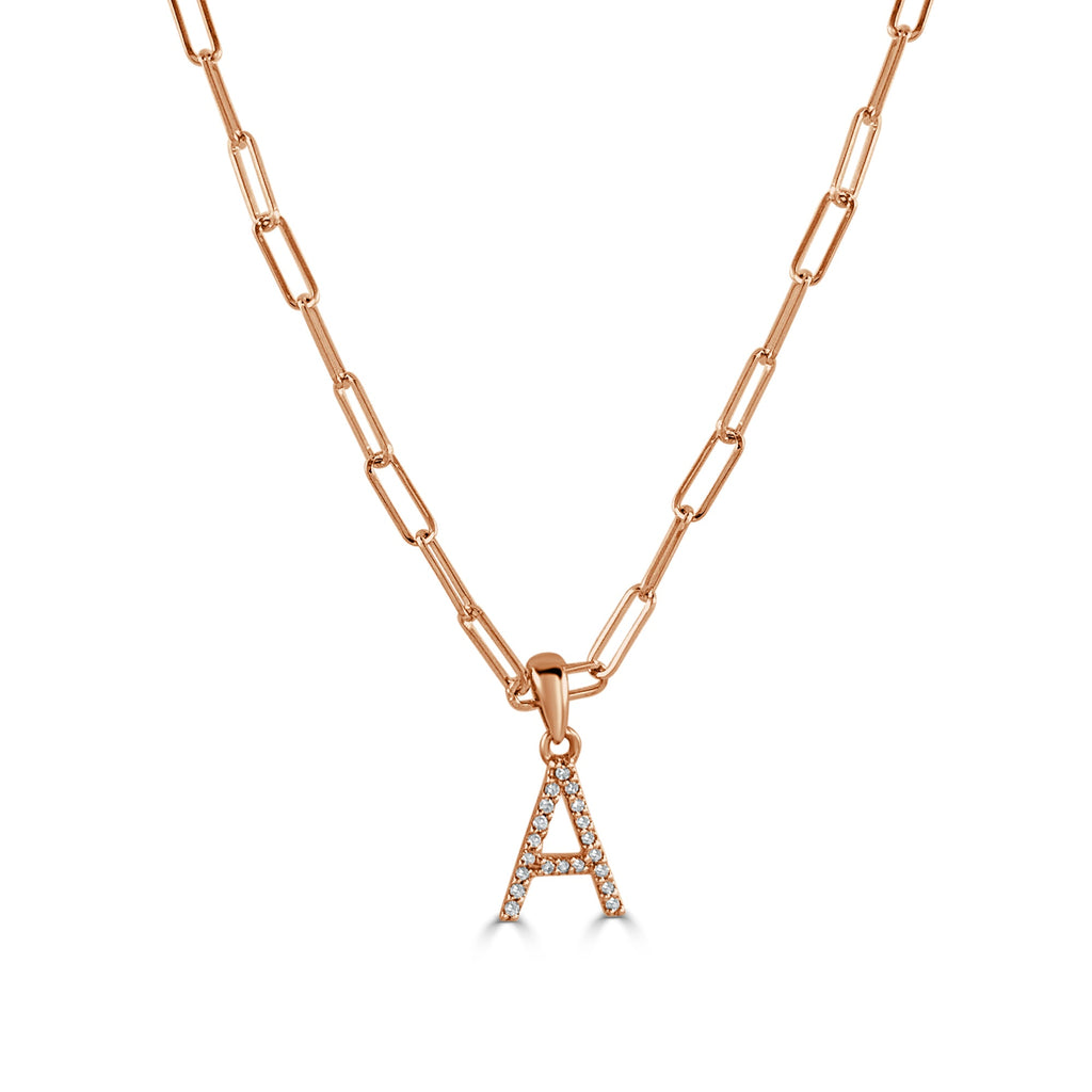 14K Rose Gold Diamond Initial Paperclip Link Chain Necklace- A