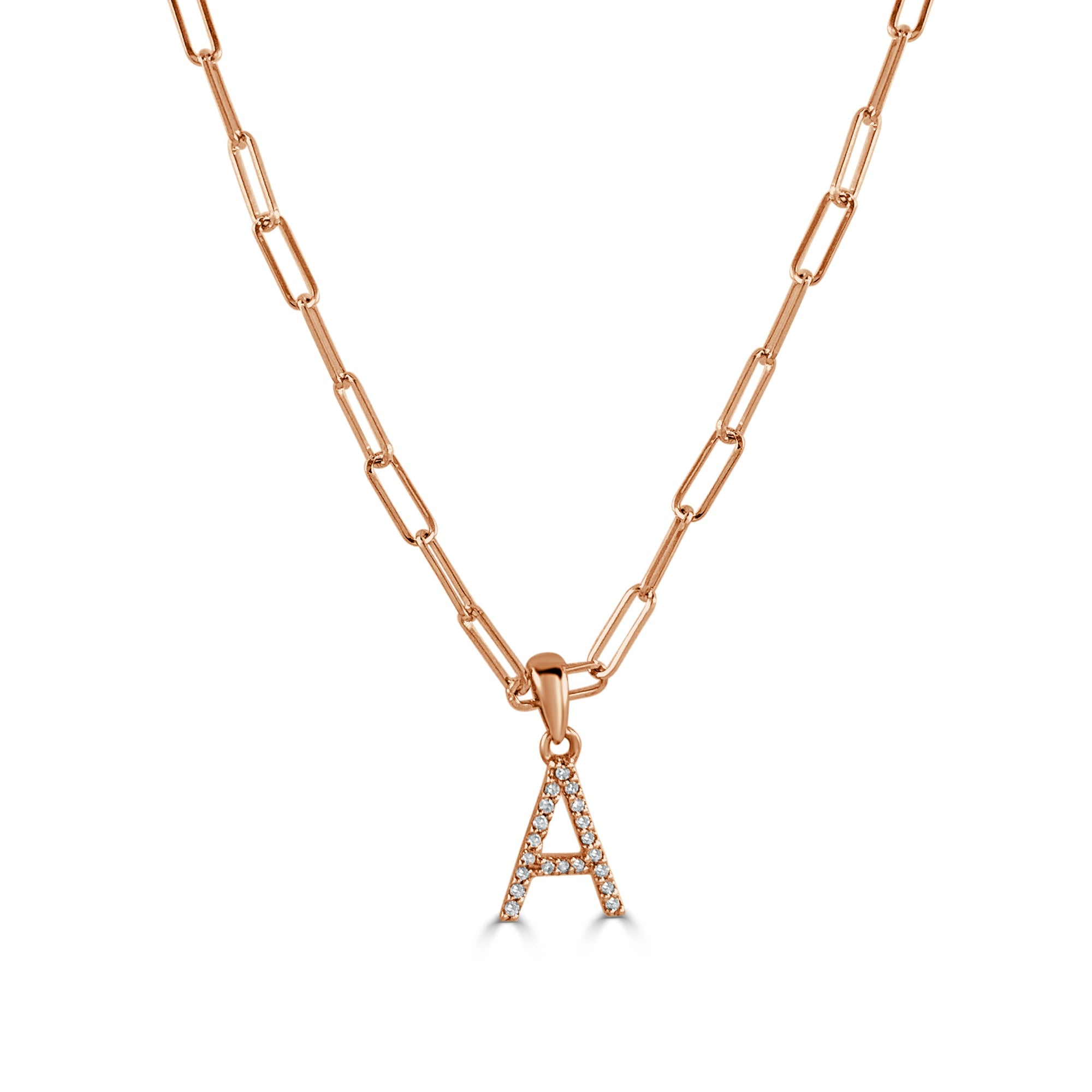 14K Rose Gold Diamond Initial Paperclip Link Chain Necklace- A