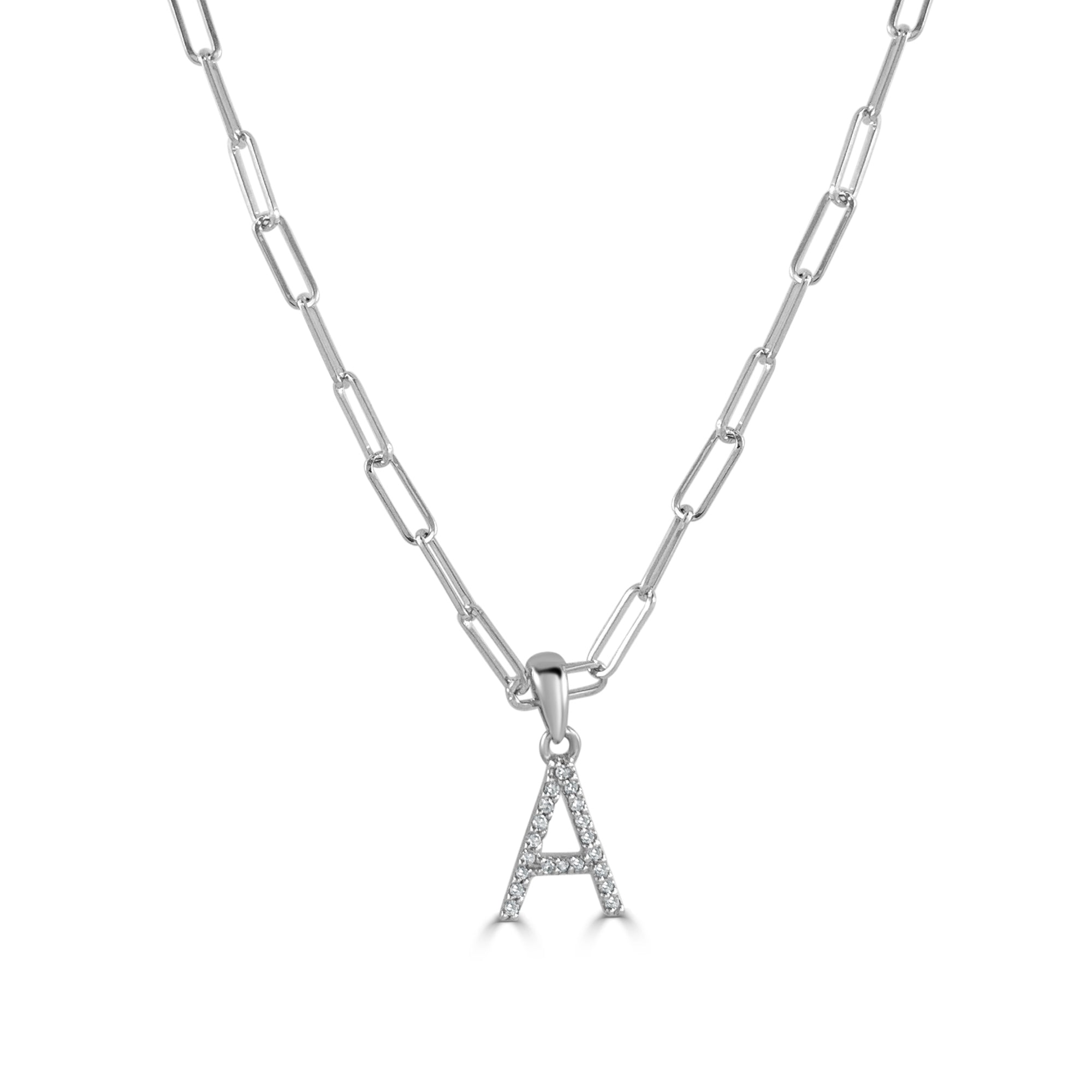 14K Gold Diamond Initial Paperclip Link Necklace - A