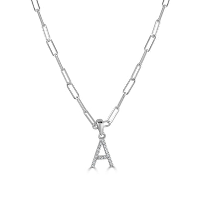 14K Gold Diamond Initial Paperclip Link Necklace - A