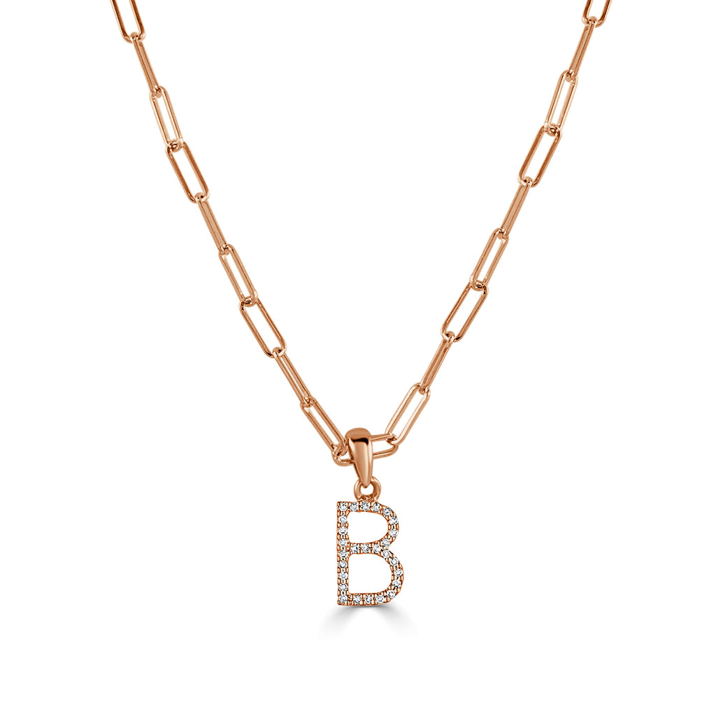 14K Rose Gold Diamond Initial Paperclip Link Chain Necklace - B
