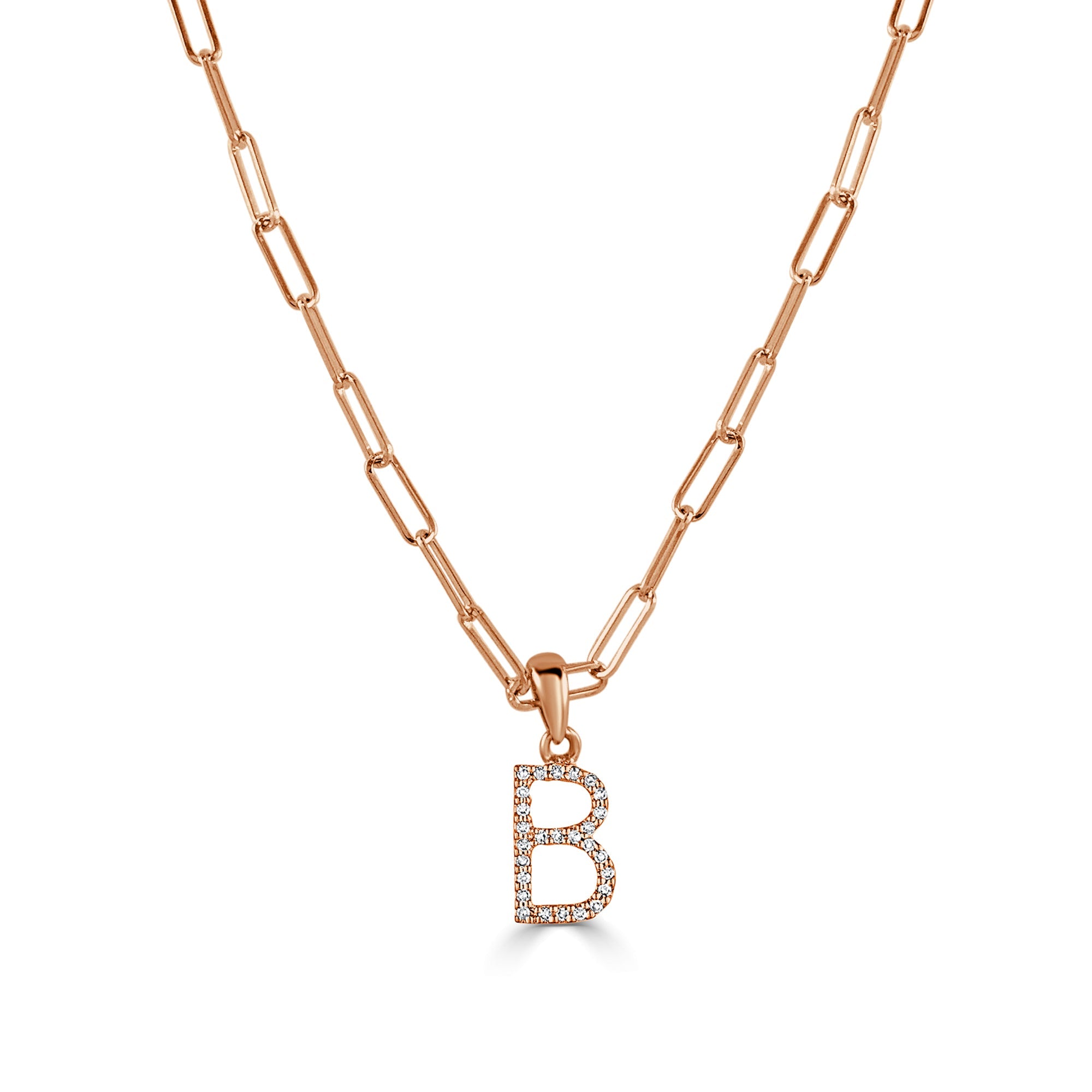 14K Rose Gold Diamond Initial Paperclip Link Chain Necklace - B