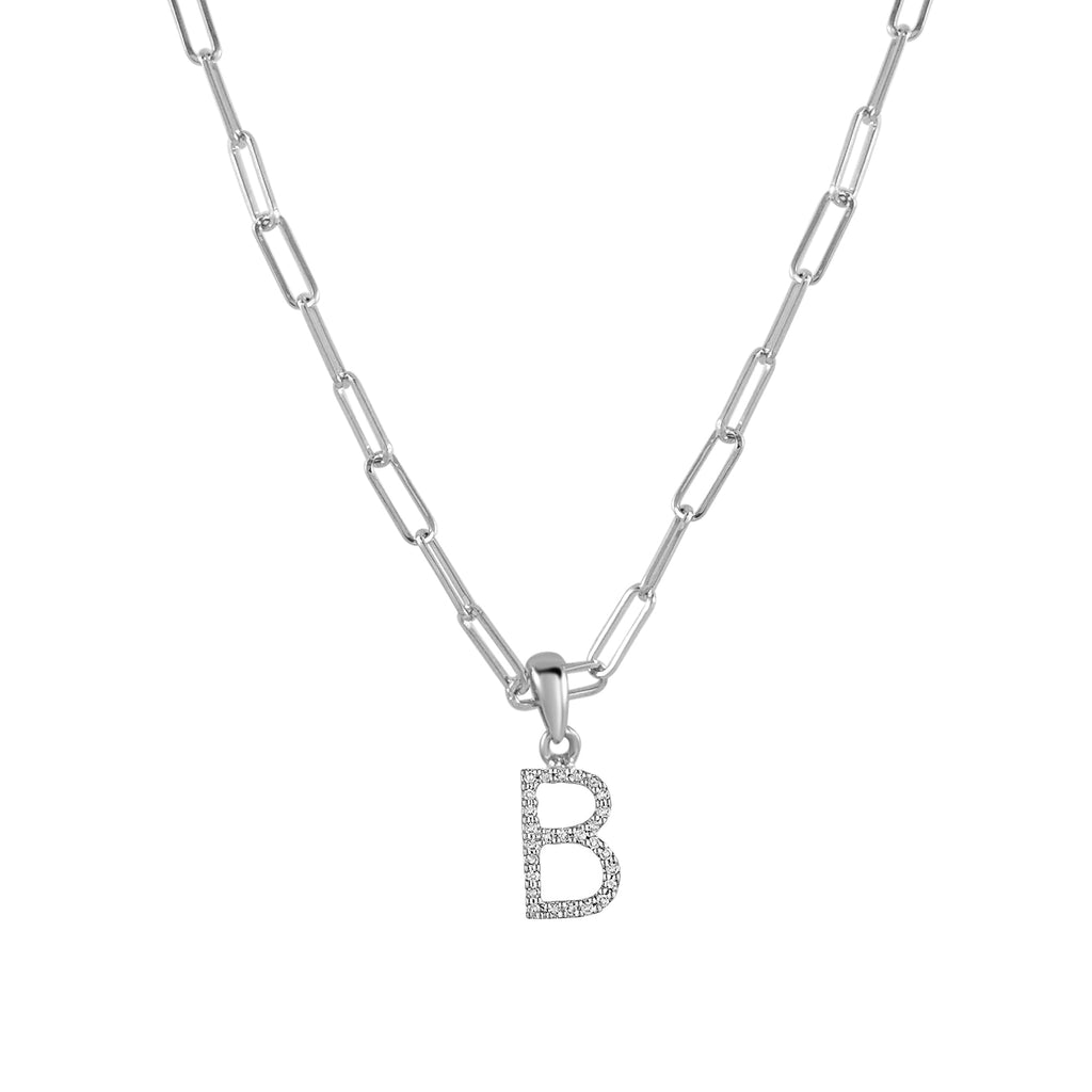 14K Gold Diamond Initial Paperclip Link Necklace- B