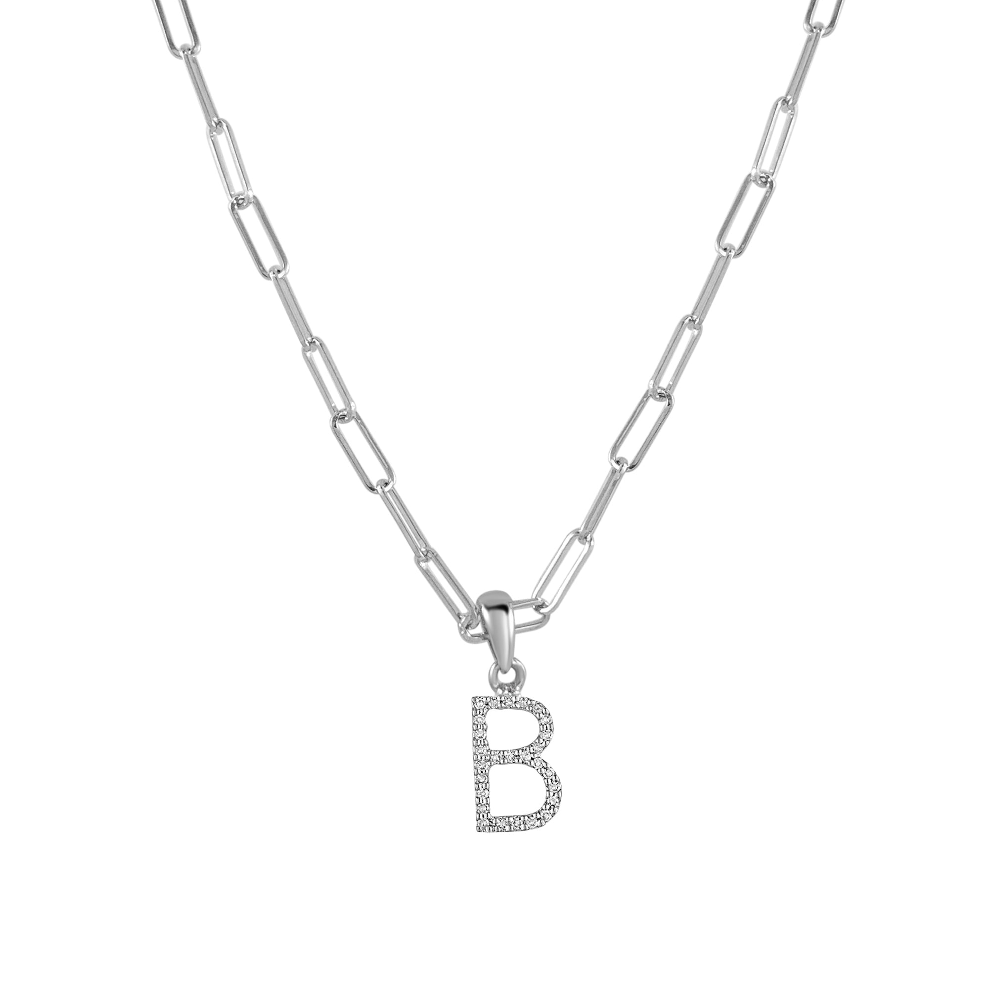 14K Gold Diamond Initial Paperclip Link Necklace- B