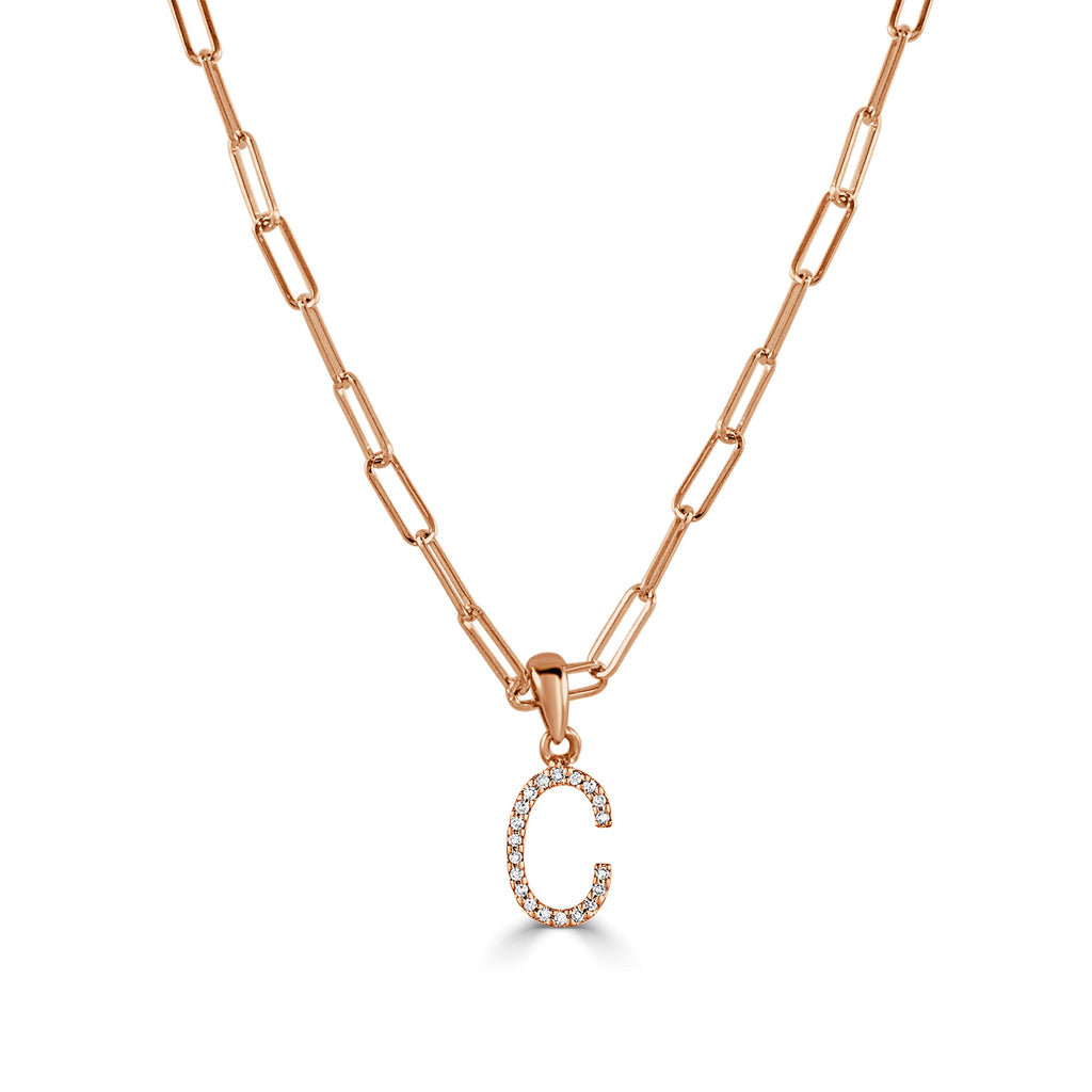 14K Rose Gold Diamond Initial Paperclip Link Chain Necklace - C