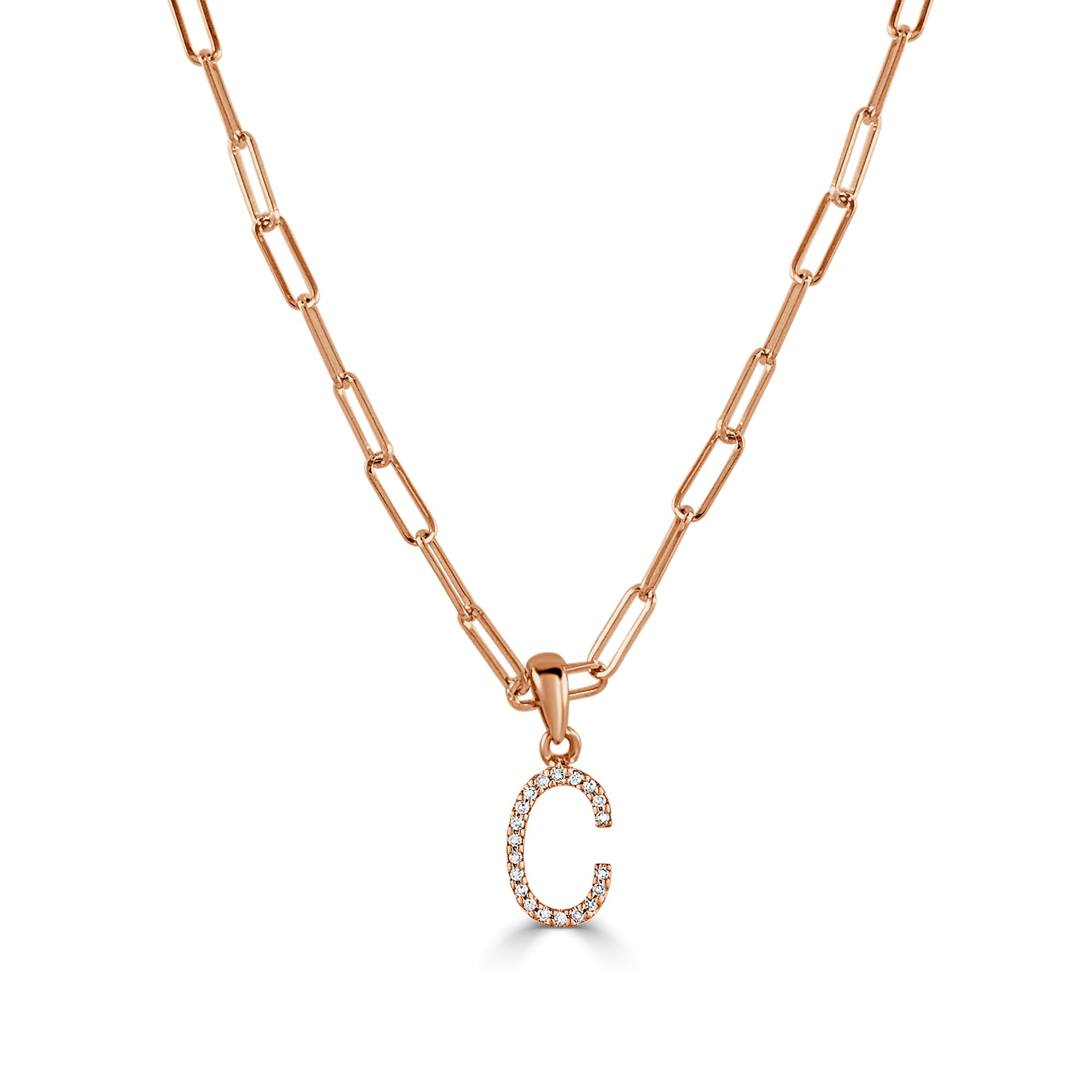 14K Rose Gold Diamond Initial Paperclip Link Chain Necklace - C