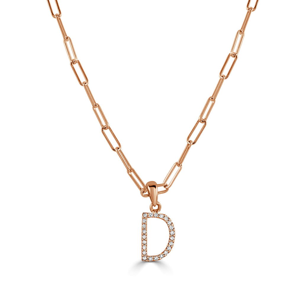 14K Rose Gold Diamond Initial Paperclip Link Chain Necklace - D