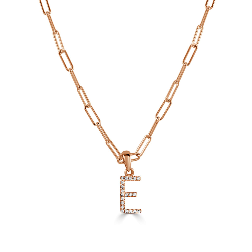 14K Rose Gold Diamond Initial Paperclip Link Chain Necklace-E