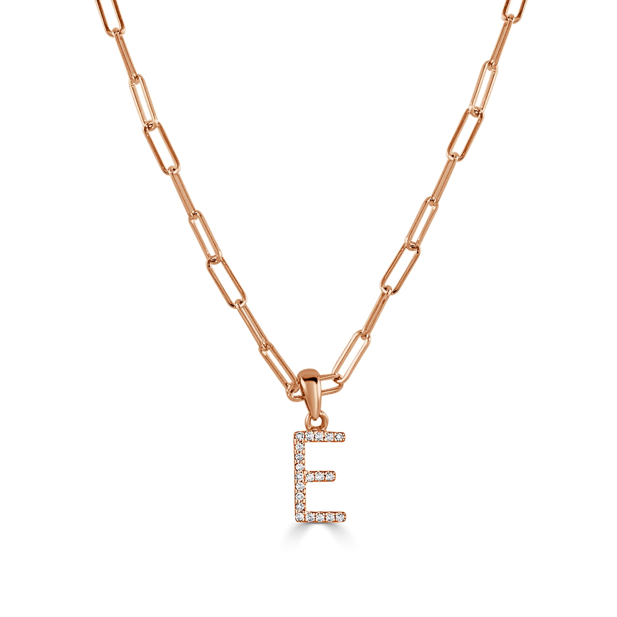 14K Rose Gold Diamond Initial Paperclip Link Chain Necklace-E