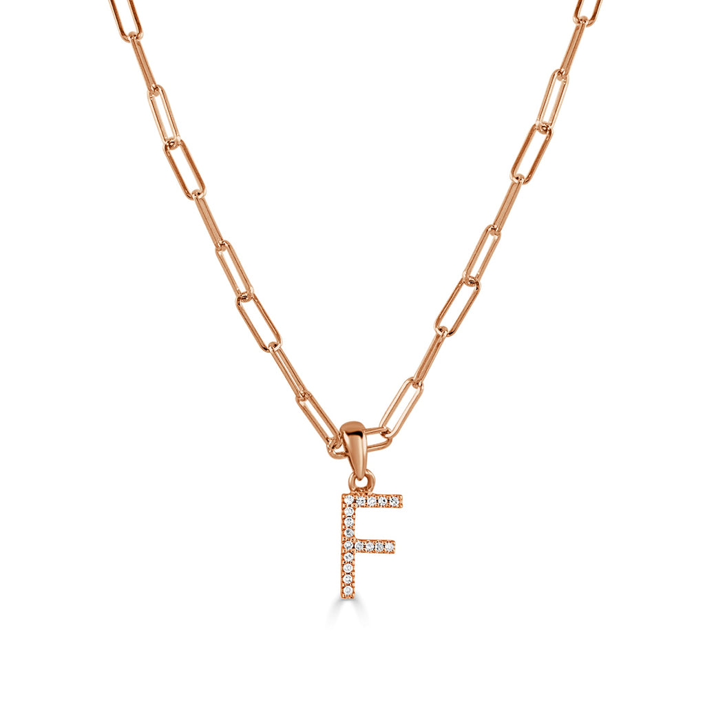 14K Rose Gold Diamond Initial Paperclip Link Chain Necklace-F
