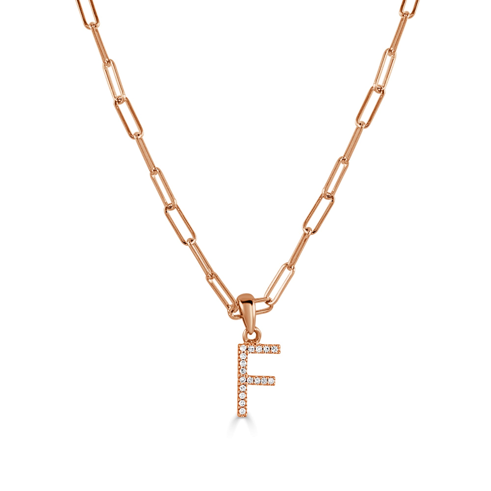 14K Rose Gold Diamond Initial Paperclip Link Chain Necklace-F
