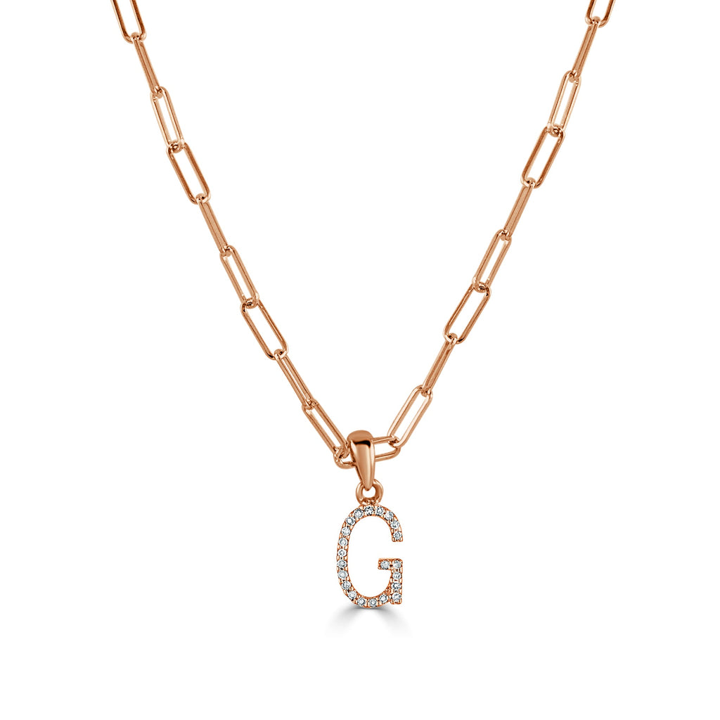 14K Rose Gold Diamond Initial Paperclip Link Chain Necklace-G