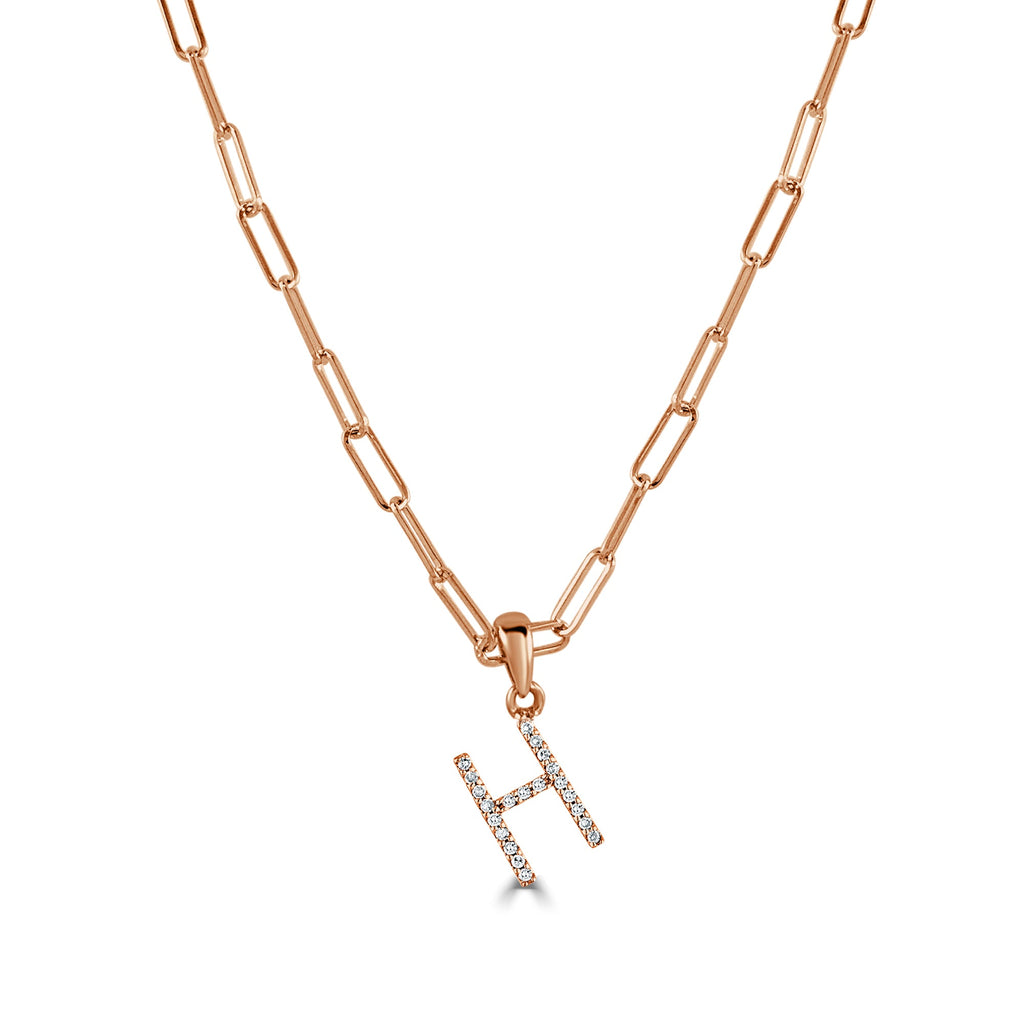 14K Rose Gold Diamond Initial Paperclip Link Chain Necklace-H