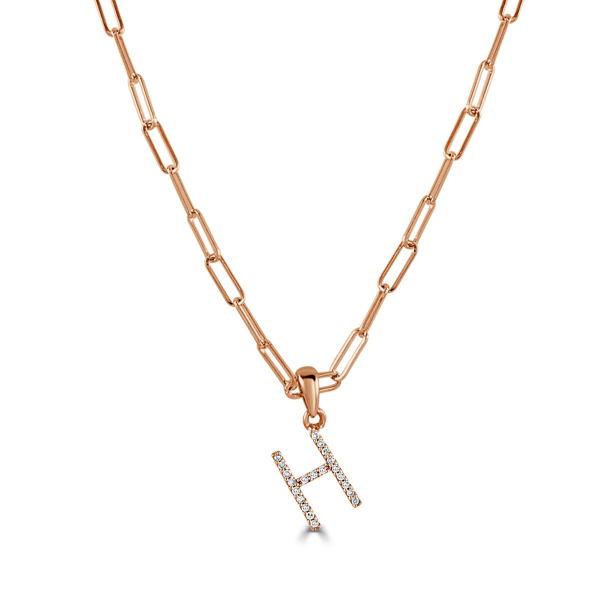 14K Rose Gold Diamond Initial Paperclip Link Chain Necklace-H
