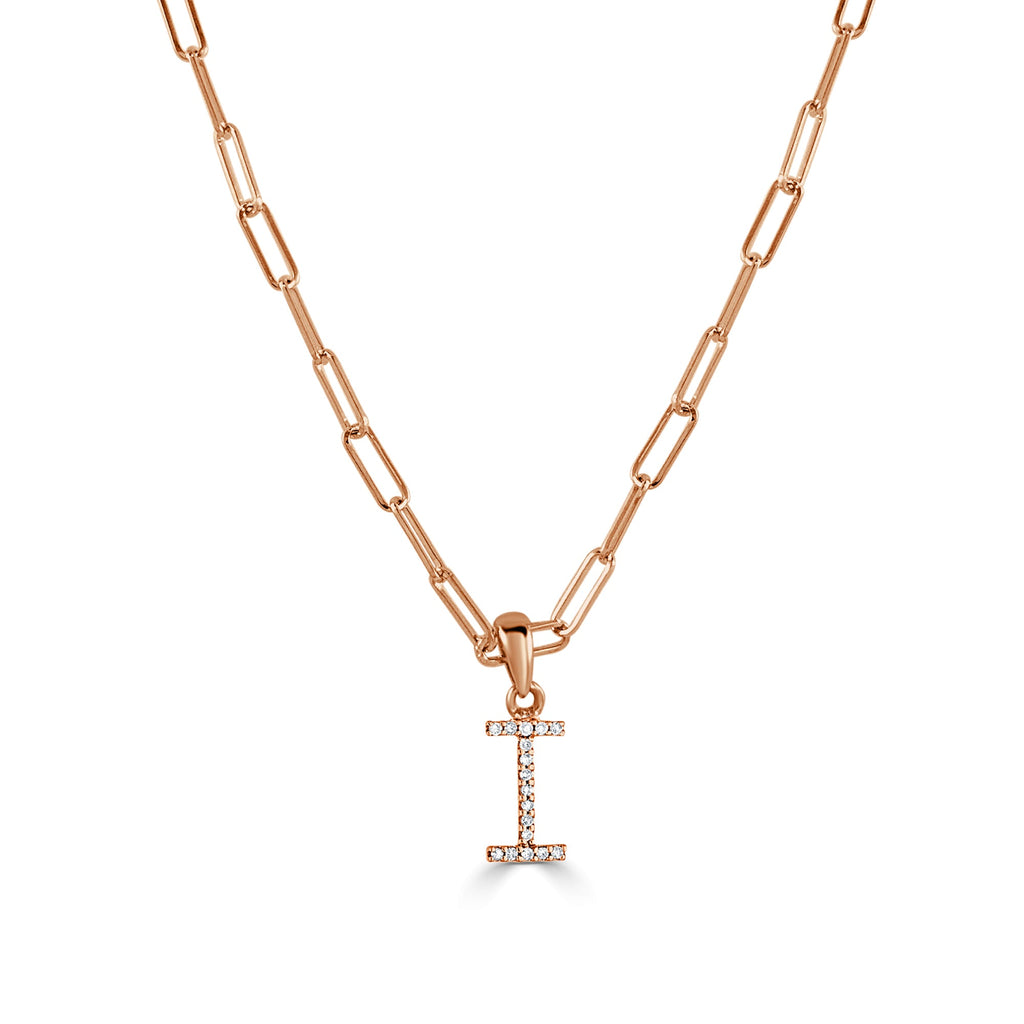 14K Rose Gold Diamond Initial Paperclip Link Chain Necklace-I