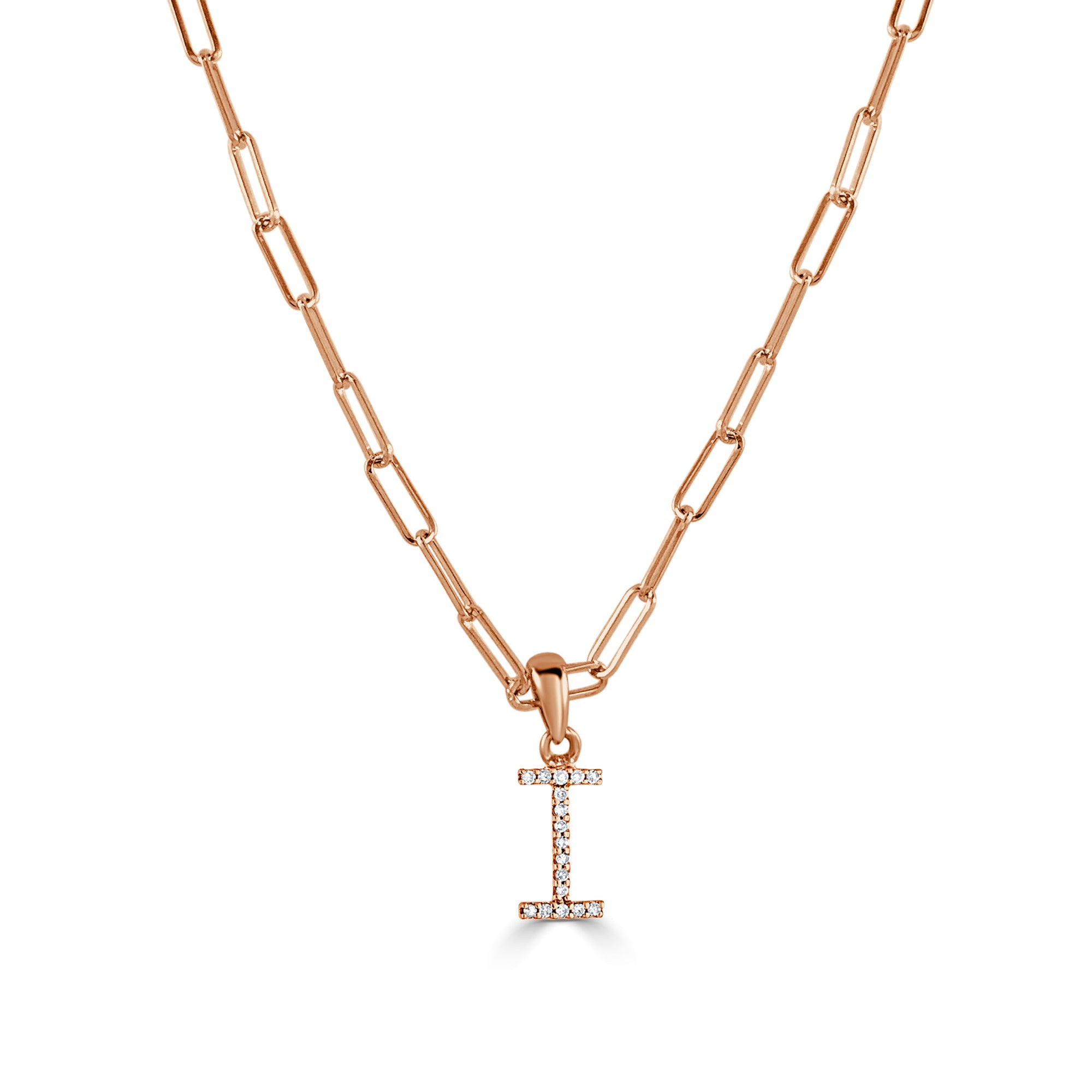 14K Rose Gold Diamond Initial Paperclip Link Chain Necklace-I