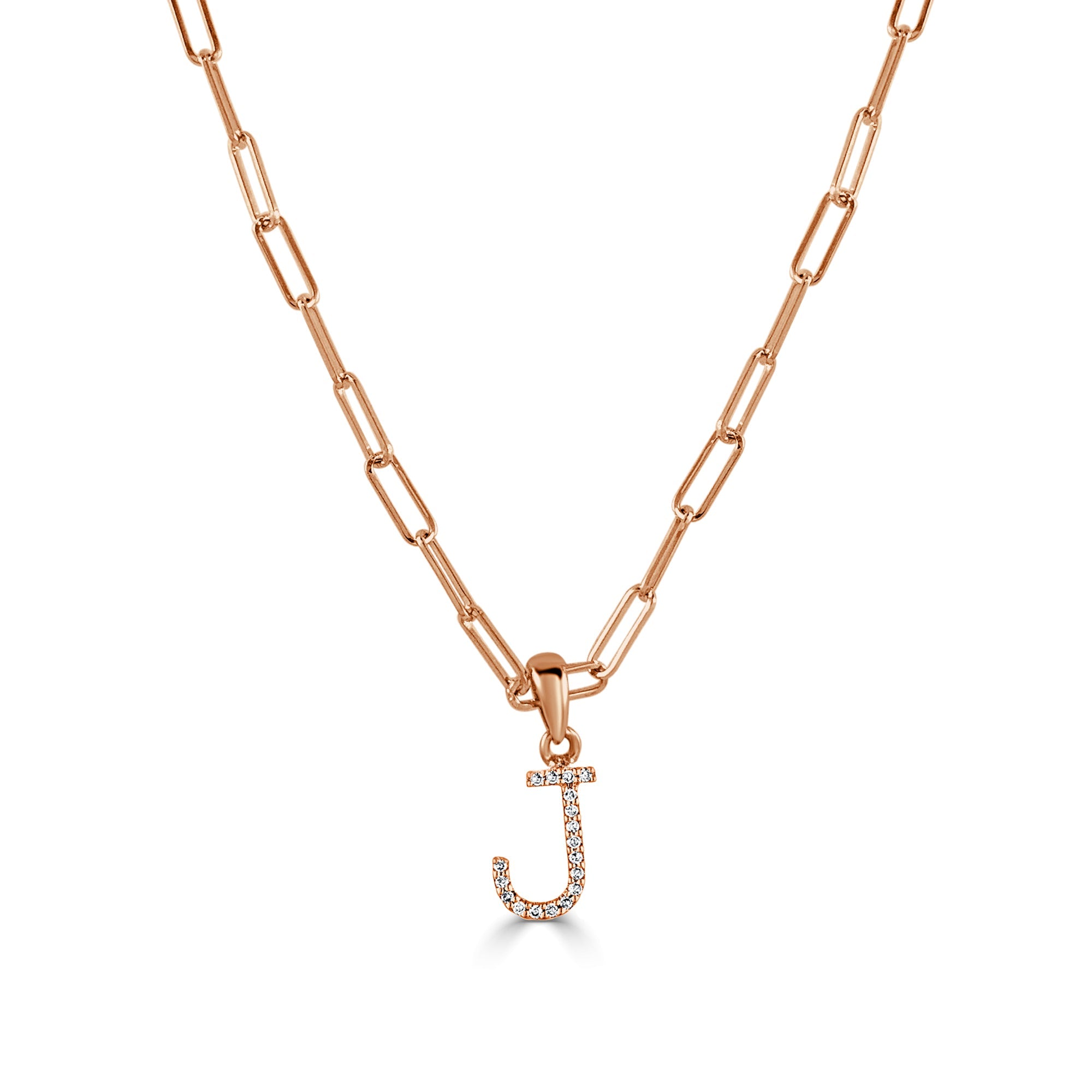 14K Rose Gold Diamond Initial Paperclip Link Chain Necklace-J