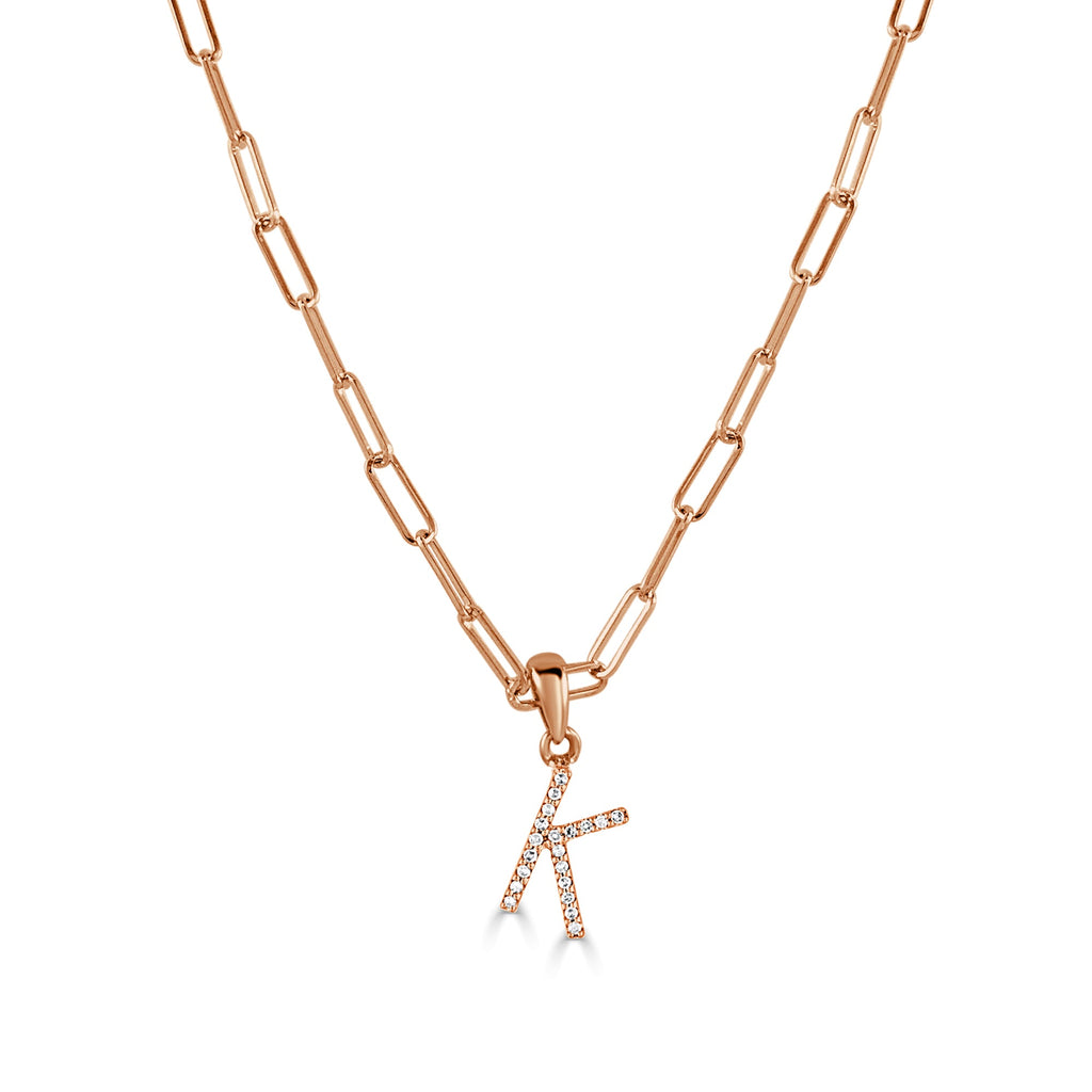 14K Rose Gold Diamond Initial Paperclip Link Chain Necklace-K