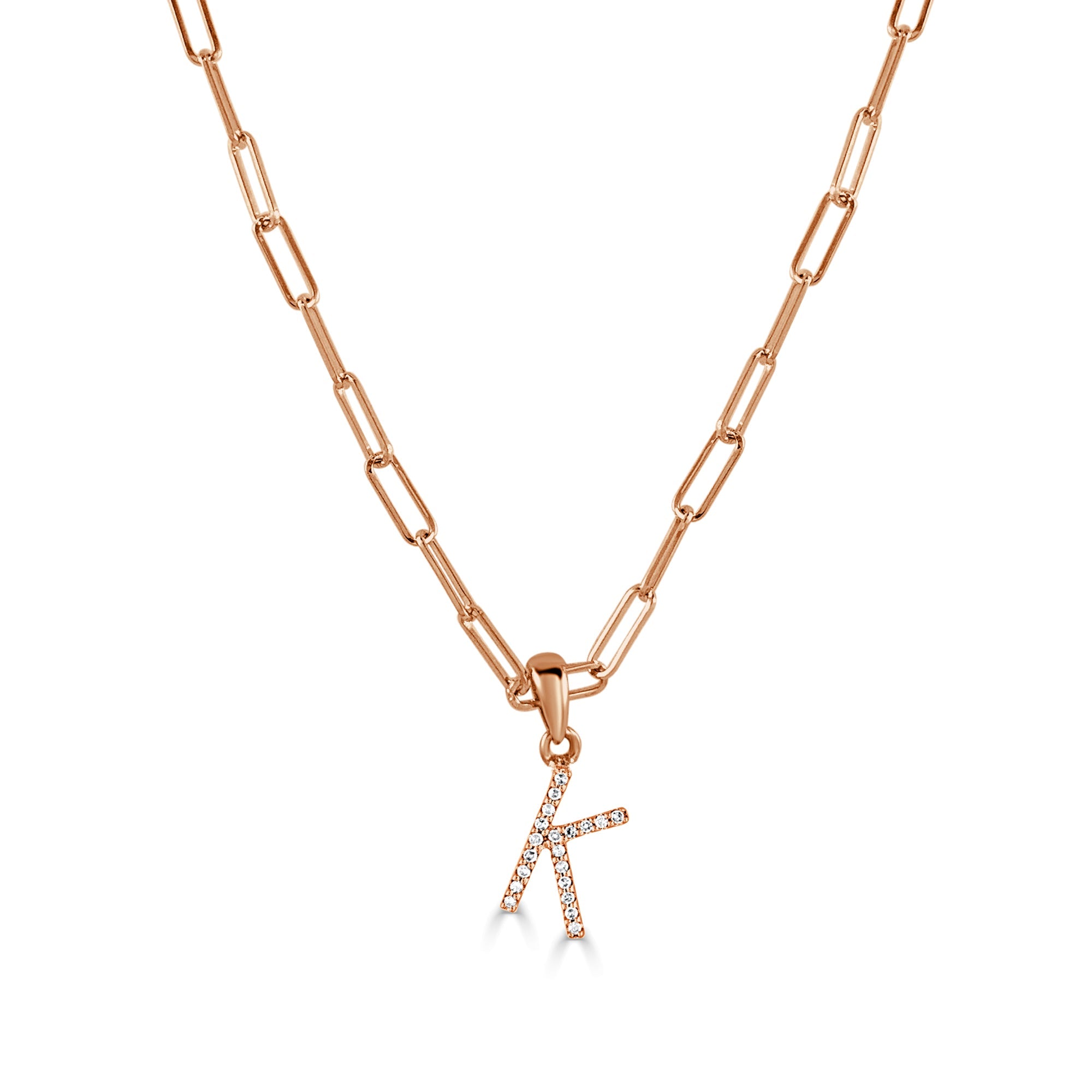 14K Rose Gold Diamond Initial Paperclip Link Chain Necklace-K