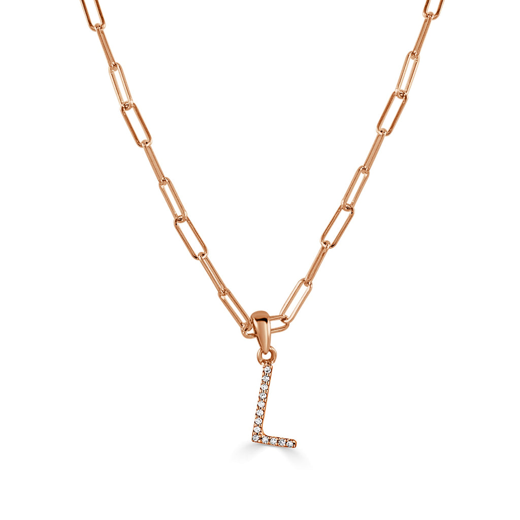 14K Rose Gold Diamond Initial Paperclip Link Chain Necklace-L
