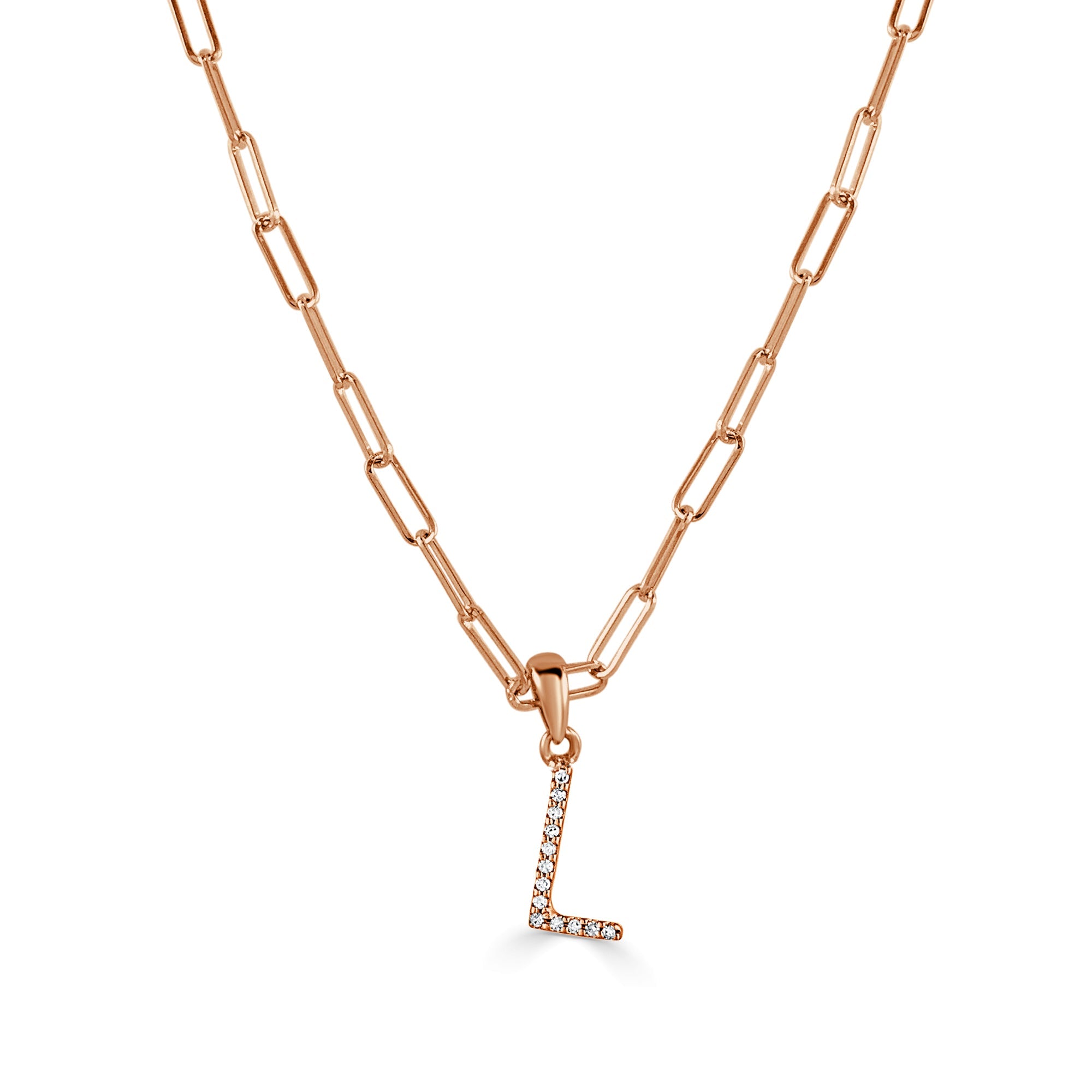 14K Rose Gold Diamond Initial Paperclip Link Chain Necklace-L