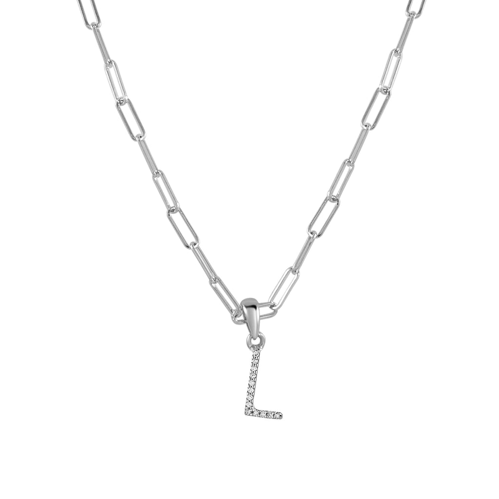 14K Gold Diamond Initial Paperclip Link Necklace- L