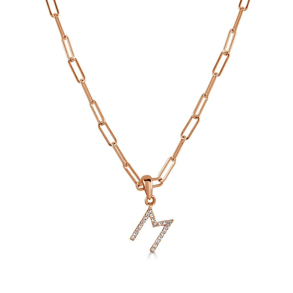 14K Rose Gold Diamond Initial Paperclip Link Chain Necklace-M
