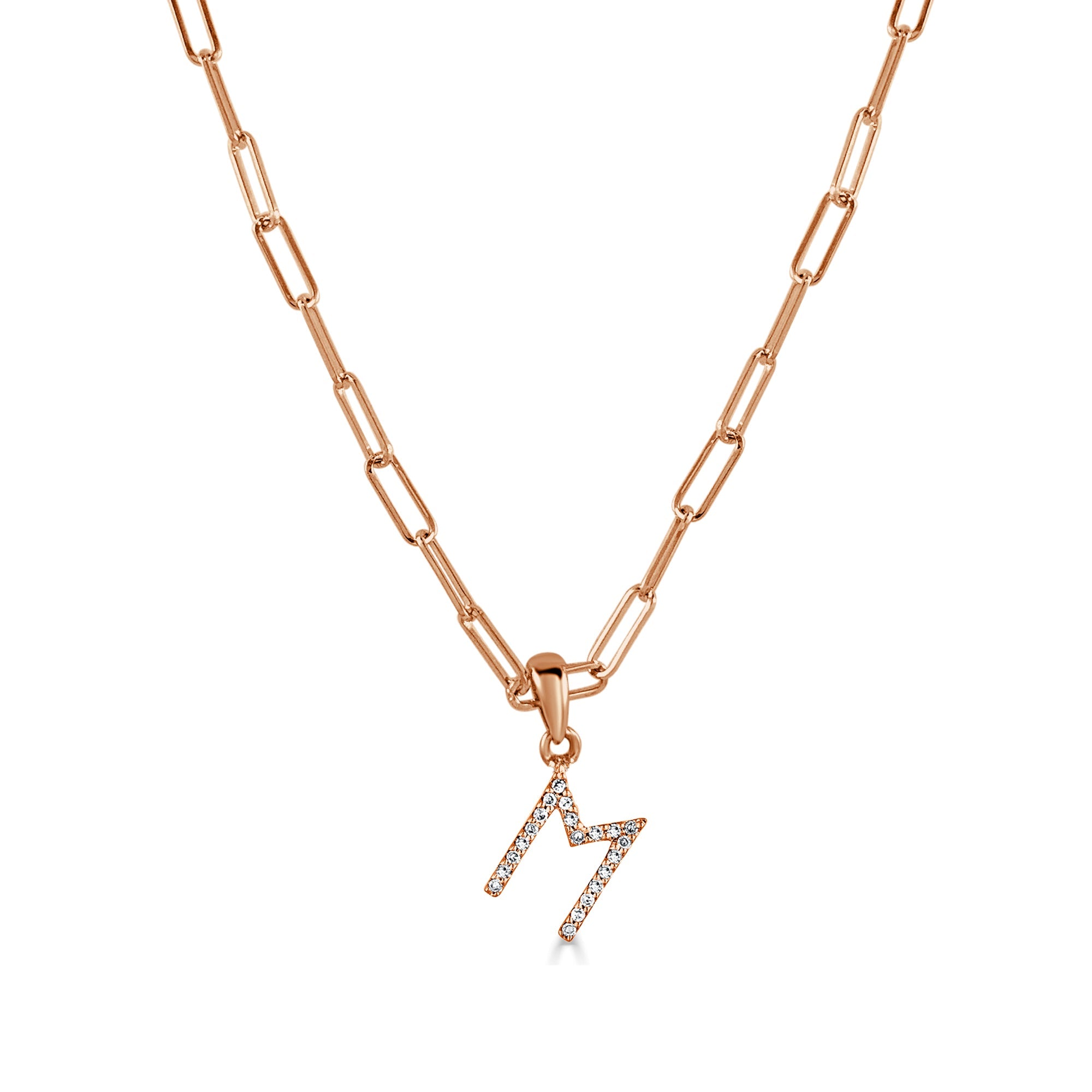 14K Rose Gold Diamond Initial Paperclip Link Chain Necklace-M