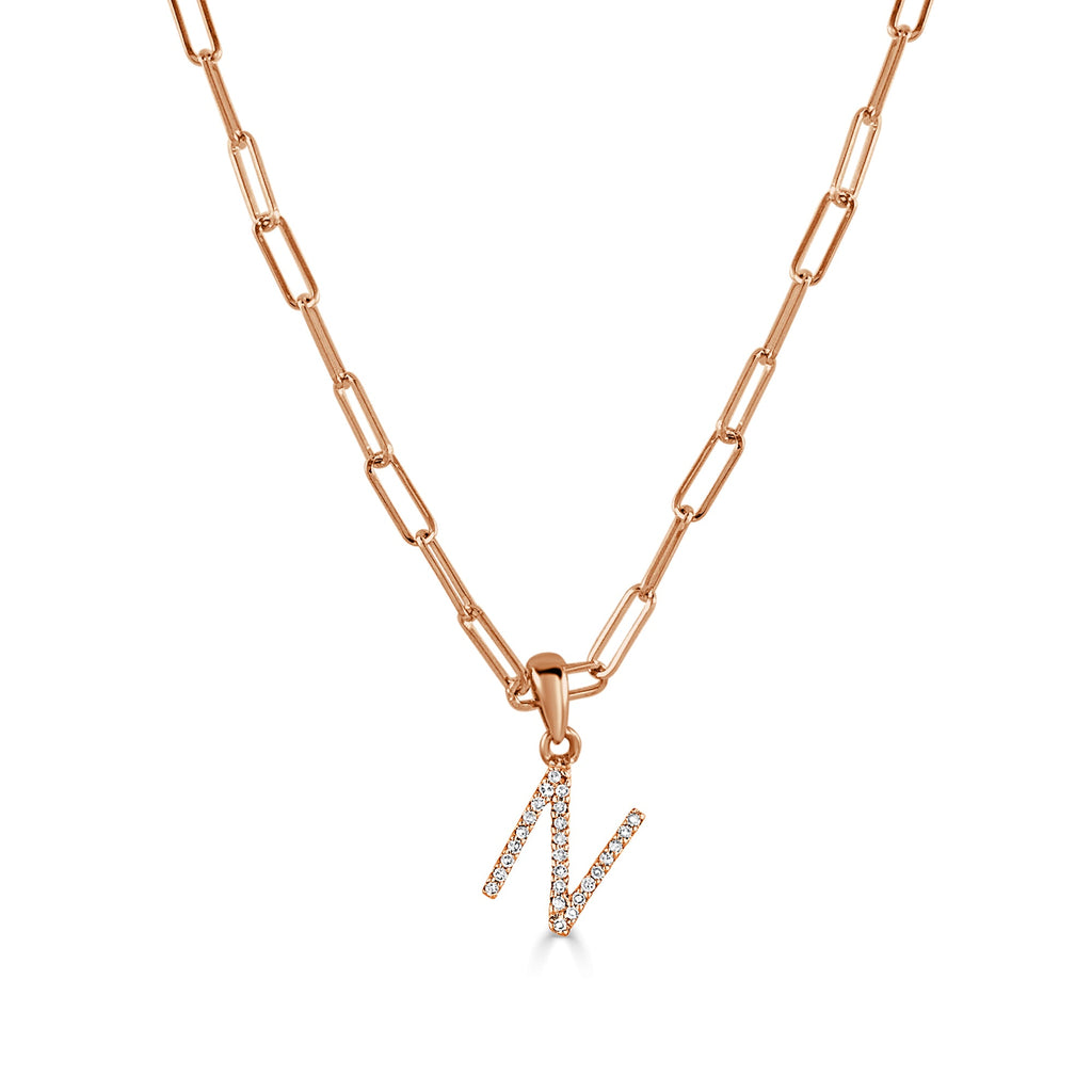 14K Rose Gold Diamond Initial Paperclip Link Chain Necklace-N