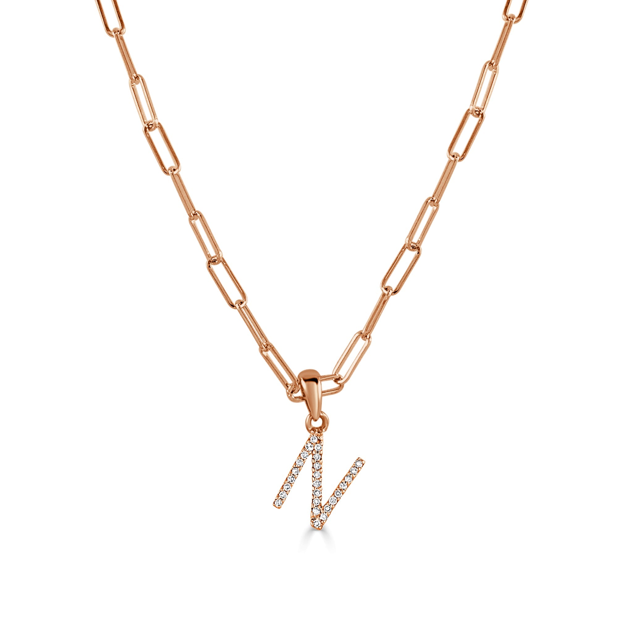 14K Rose Gold Diamond Initial Paperclip Link Chain Necklace-N