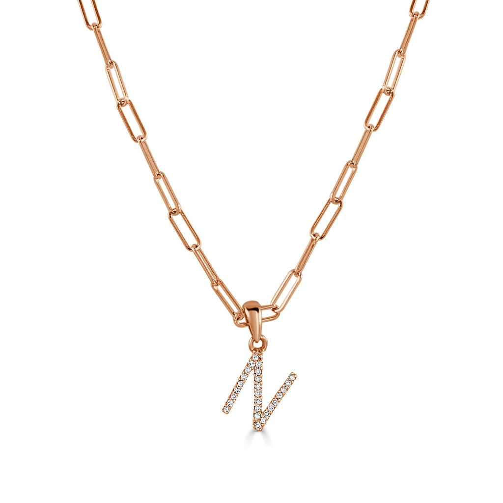 Diamond Initial Paperclip Chain Necklace, 14K