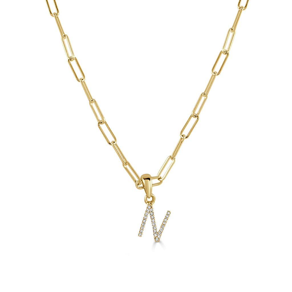 Diamond Initial Paperclip Chain Necklace, 14K