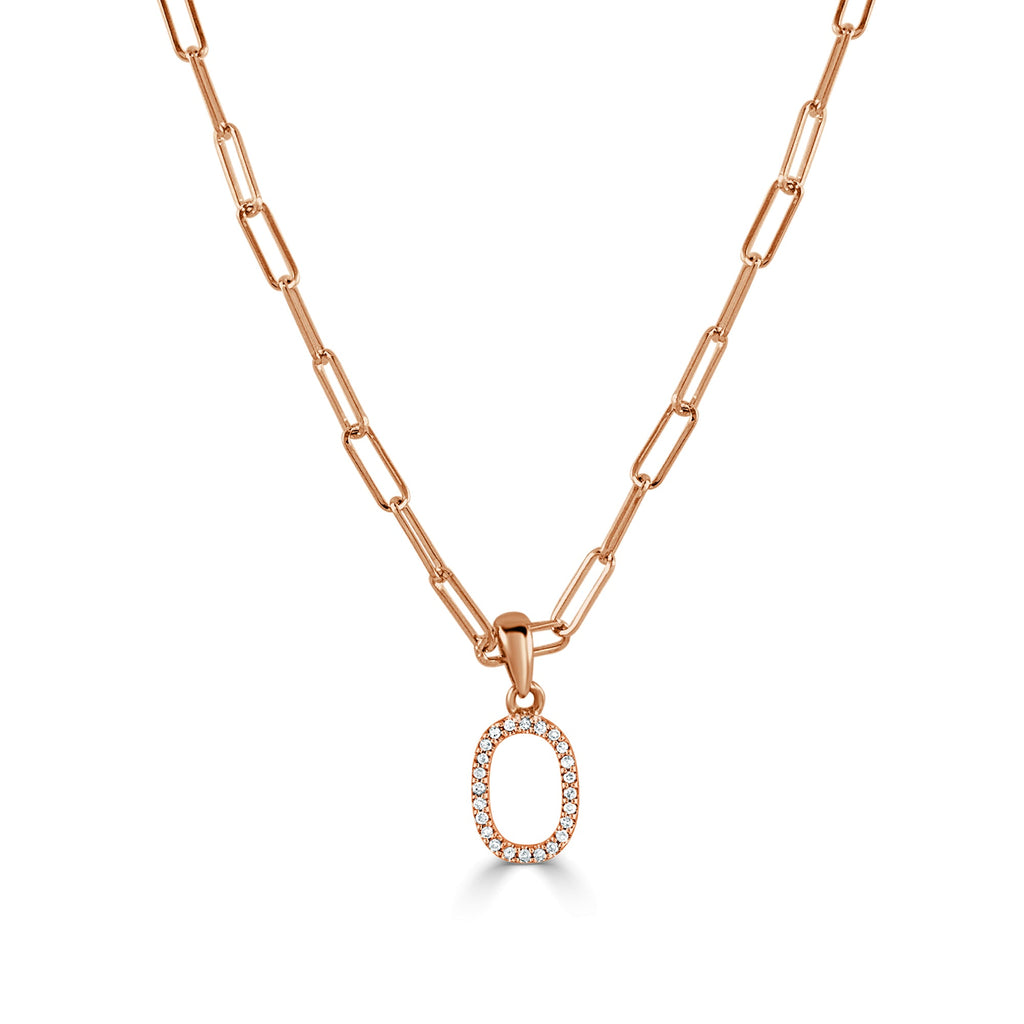 14K Rose Gold Diamond Initial Paperclip Link Chain Necklace-O