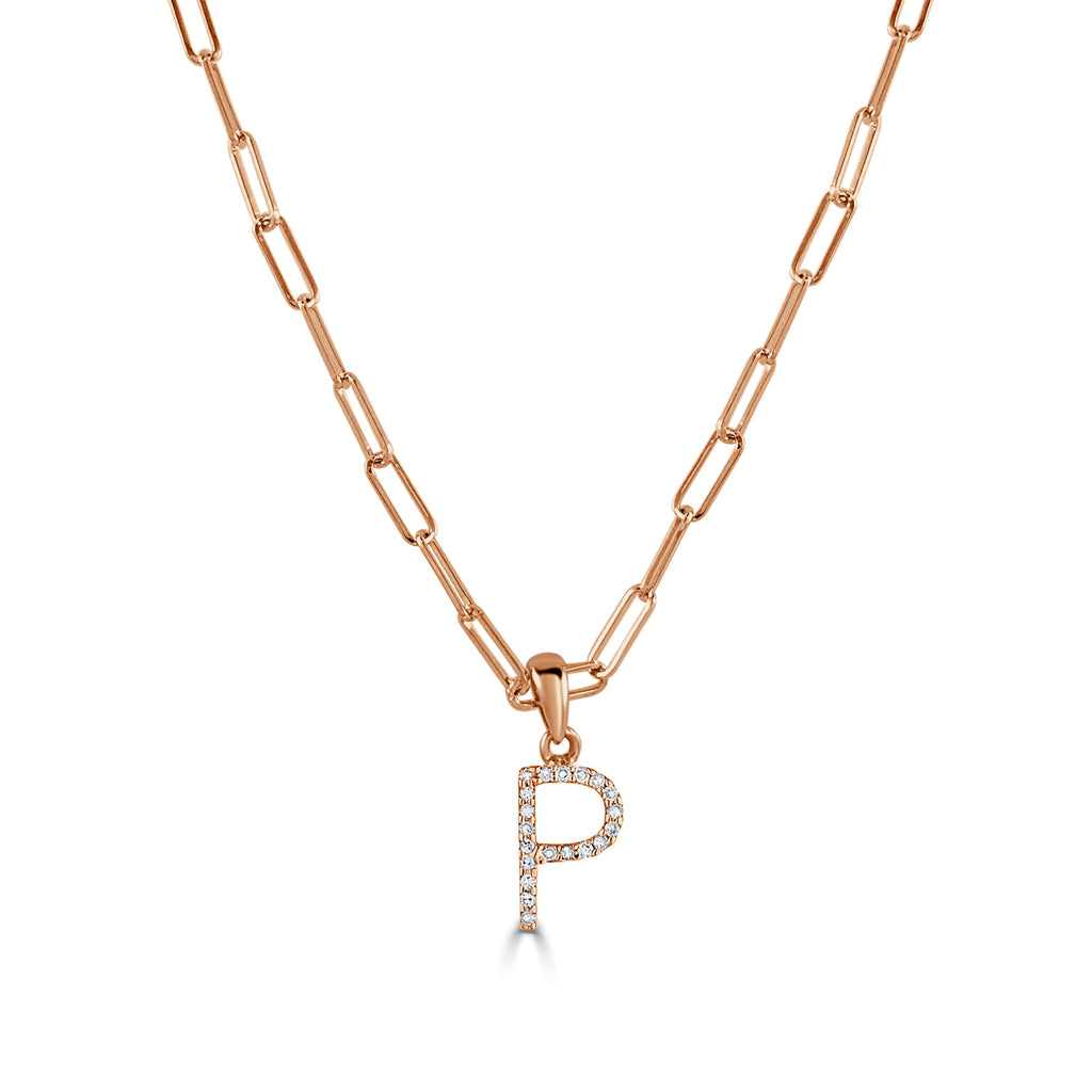 14K Rose Gold Diamond Initial Paperclip Link Chain Necklace-P