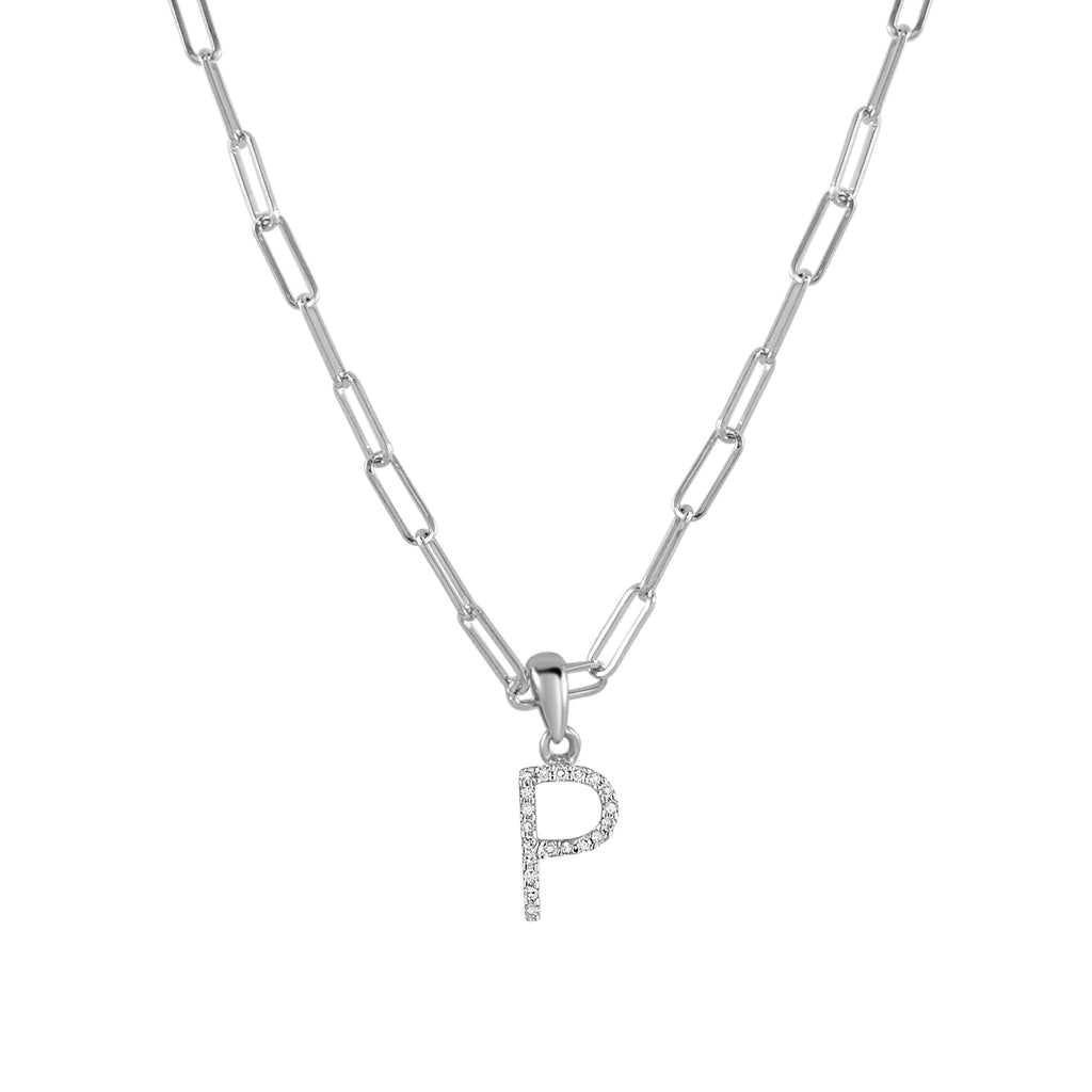 14K Gold Diamond Initial Paperclip Link Necklace- P