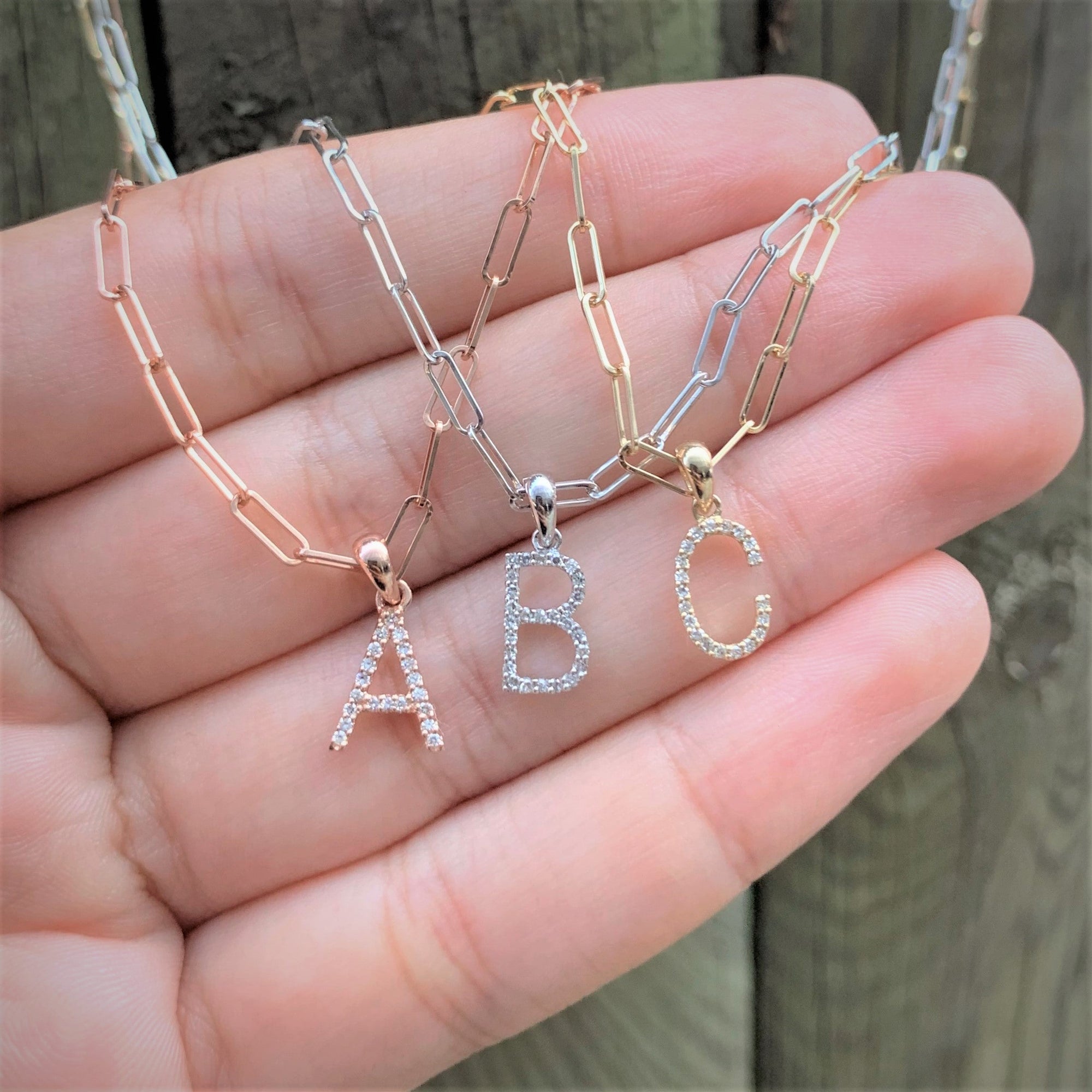 14K Rose Gold Diamond Initial Paperclip Link Chain Necklace