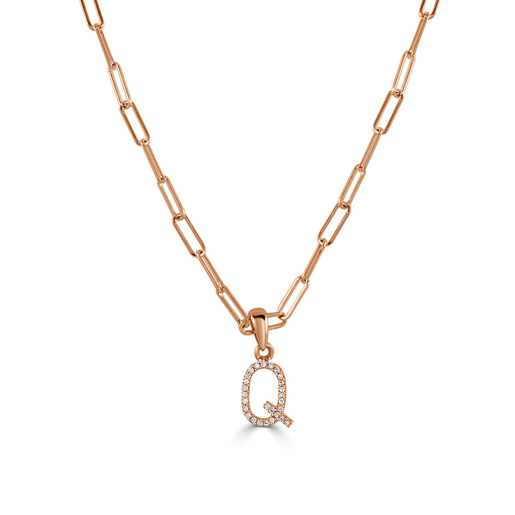 14K Rose Gold Diamond Initial Paperclip Link Chain Necklace-Q