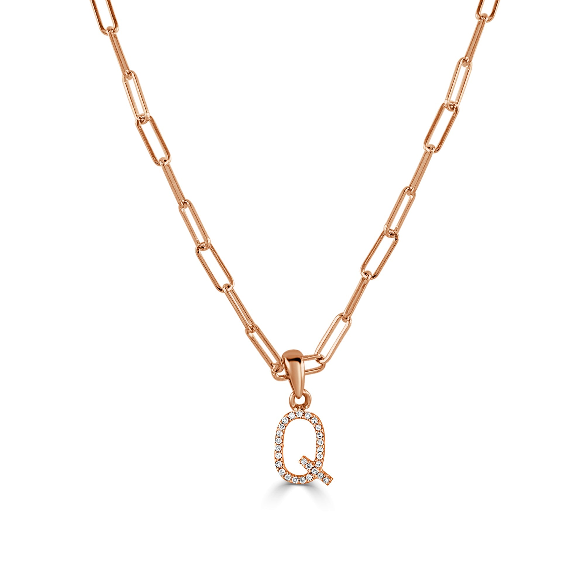 14K Rose Gold Diamond Initial Paperclip Link Chain Necklace-Q