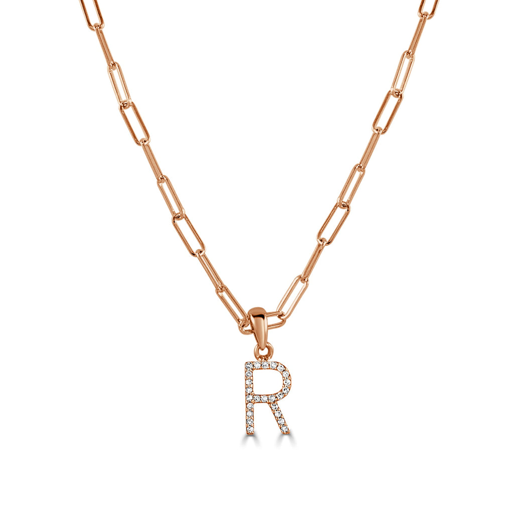 14K Rose Gold Diamond Initial Paperclip Link Chain Necklace-R