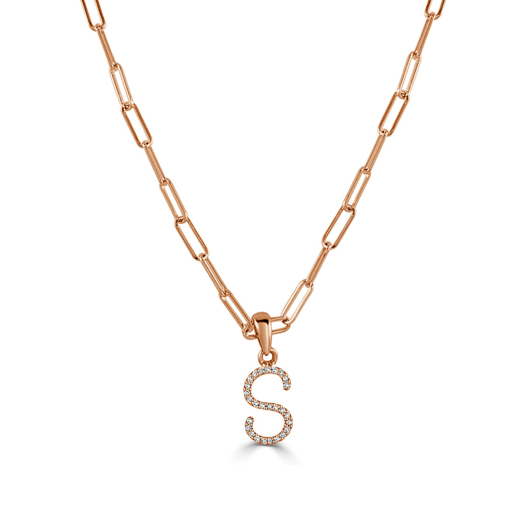 14K Rose Gold Diamond Initial Paperclip Link Chain Necklace-S